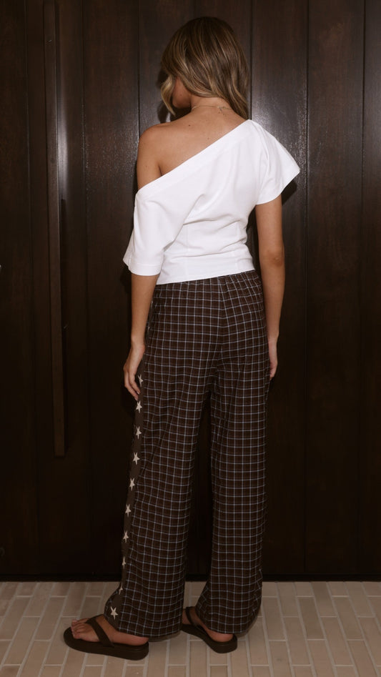 Jaycee High Waisted Straight Leg Cotton Trousers – Chocolate/Blue Gingham Star