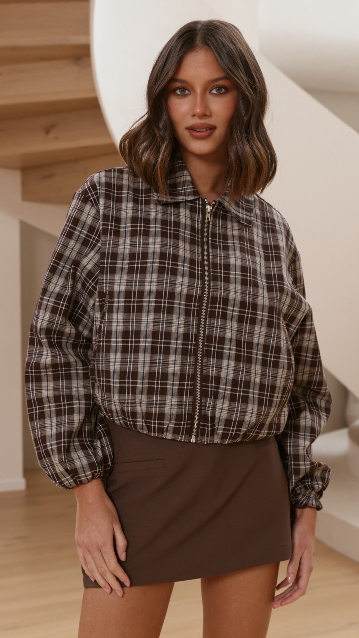 Brax Collared Bomber Jacket with Bubble Hem – Chocolate/Beige Plaid – view 1
