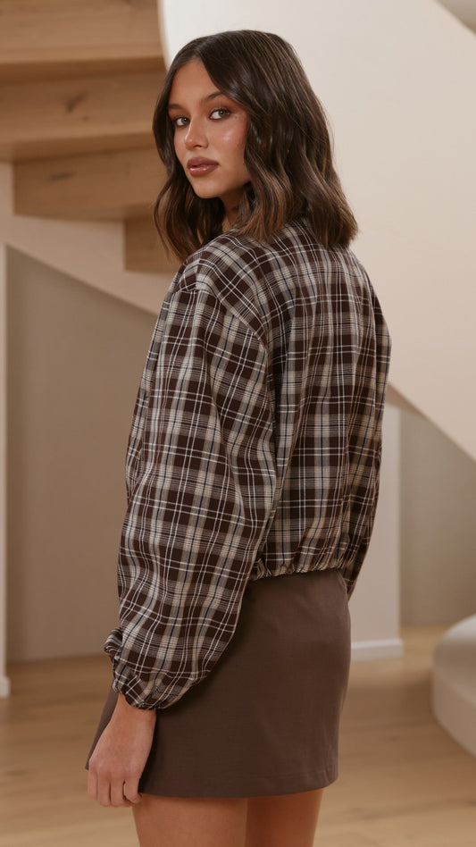 Brax Collared Bomber Jacket with Bubble Hem – Chocolate/Beige Plaid – view 2