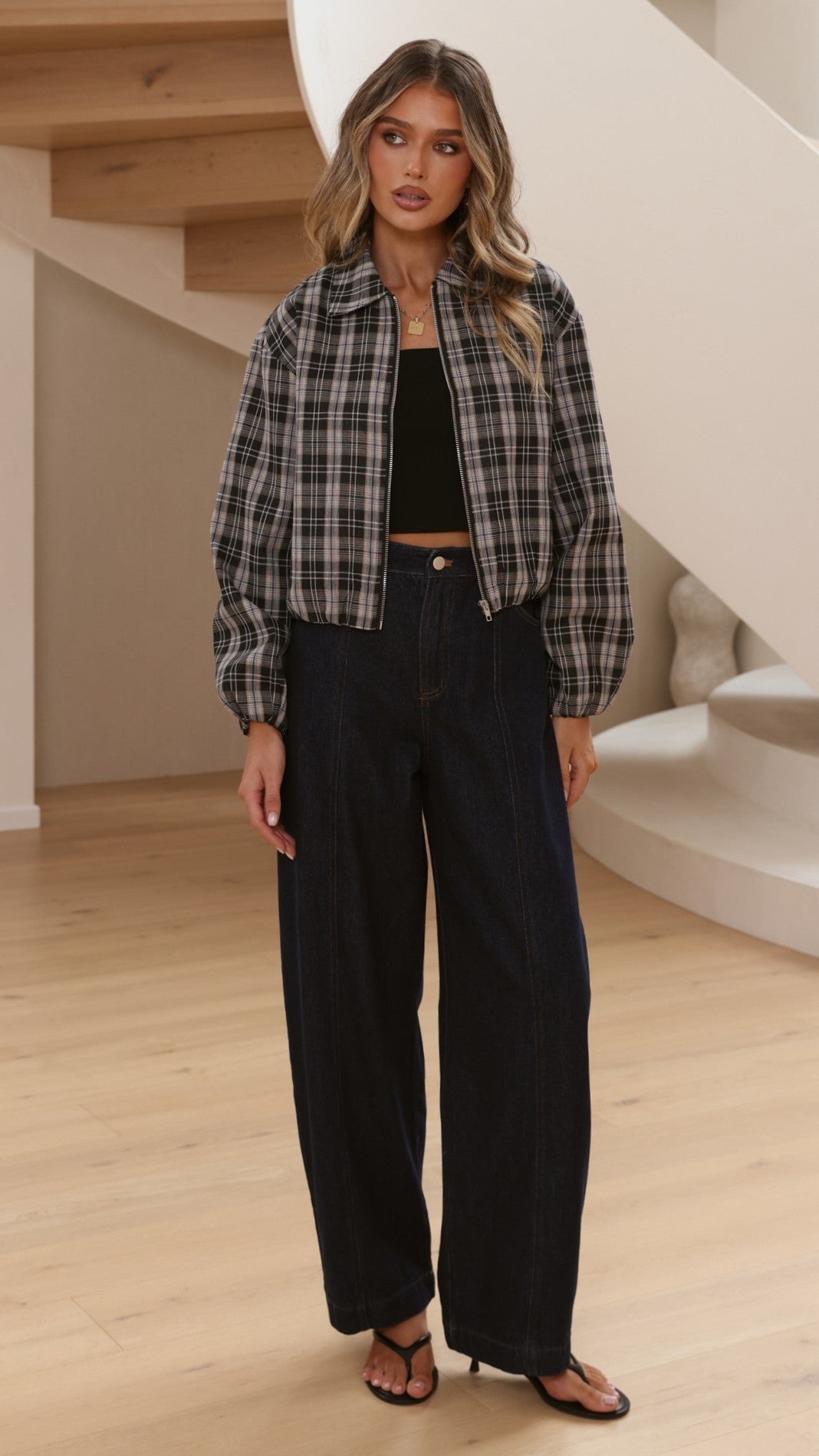 Brax Collared Bomber Jacket with Bubble Hem – Black/Beige Plaid – view 3