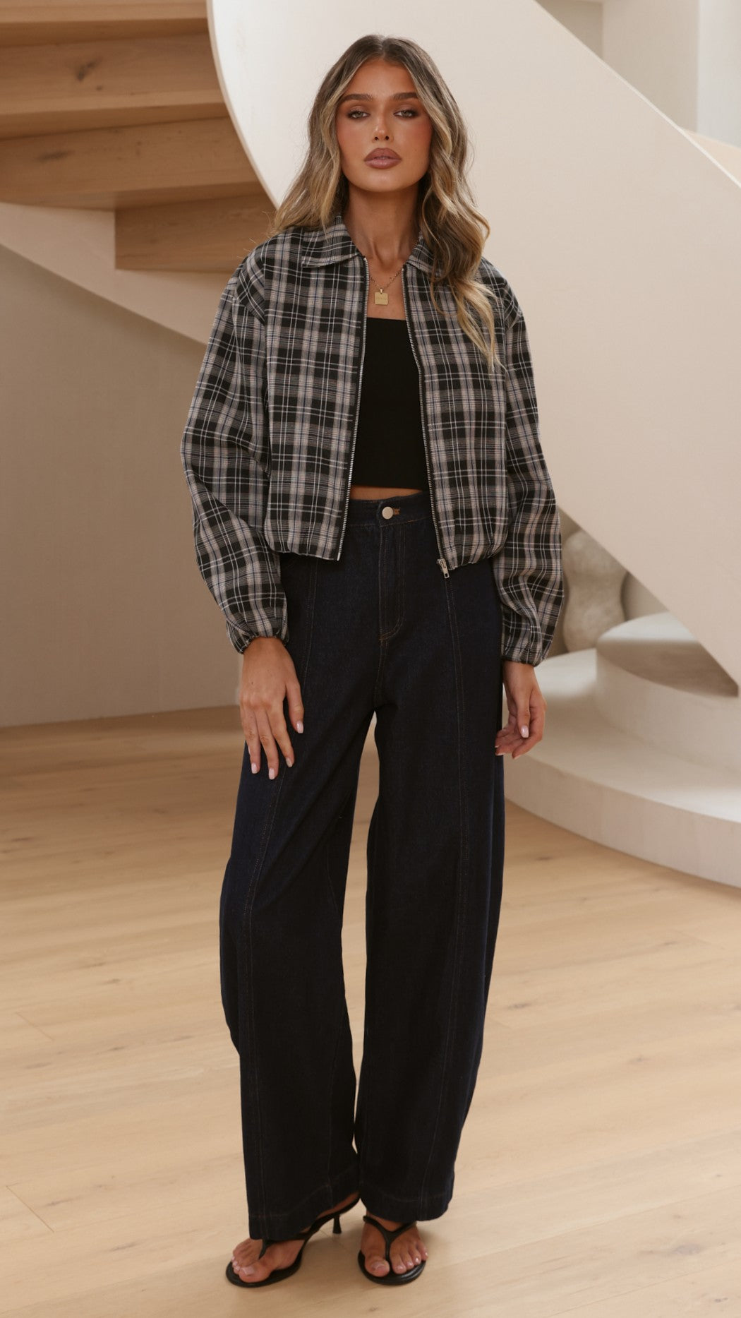 Brax Collared Bomber Jacket with Bubble Hem – Black/Beige Plaid – view 9