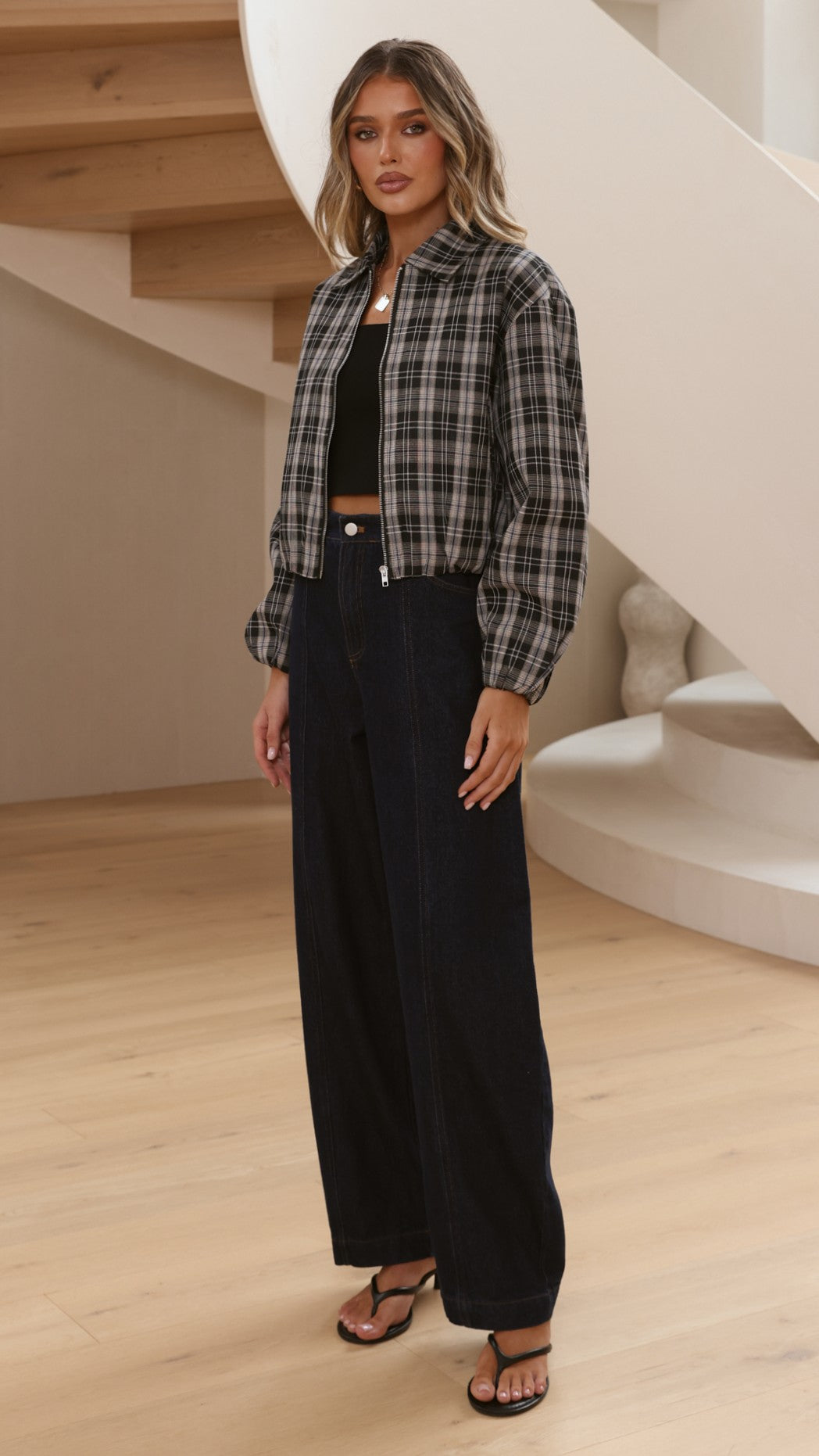 Brax Collared Bomber Jacket with Bubble Hem – Black/Beige Plaid – view 10