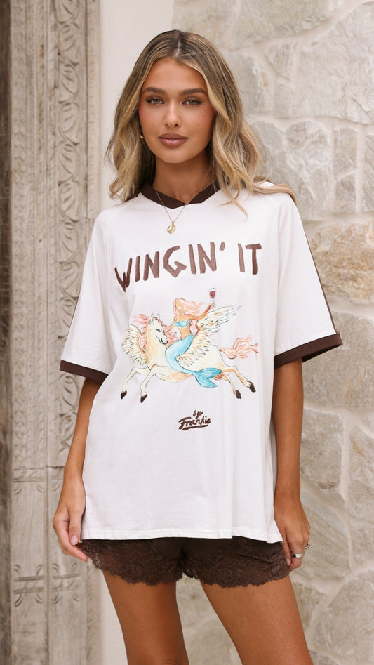 Wingin It Small V-Neck Boxy Graphic Cotton Tee – White/Brown