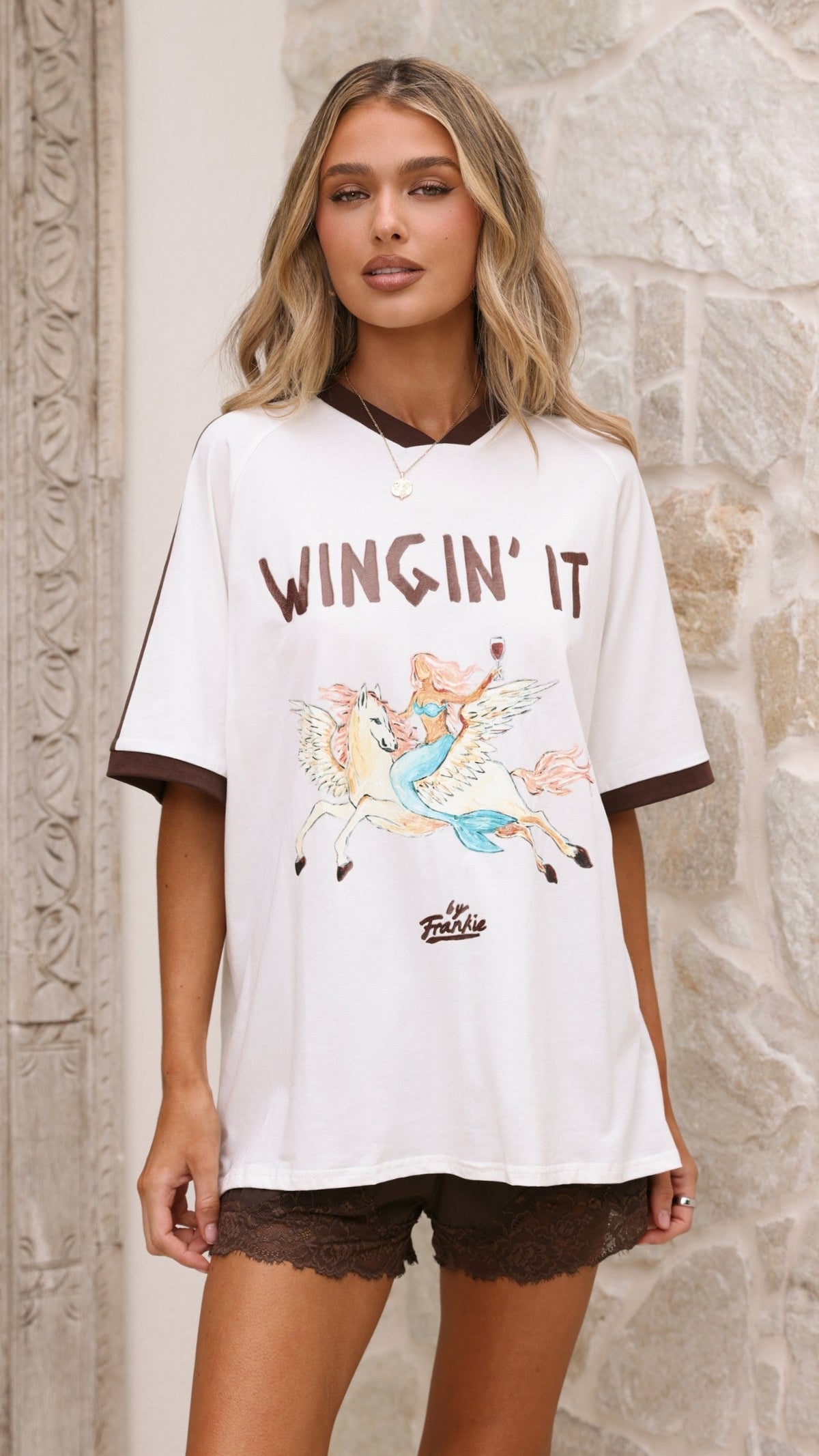 Wingin It Small V-Neck Boxy Graphic Cotton Tee – White/Brown – view 5