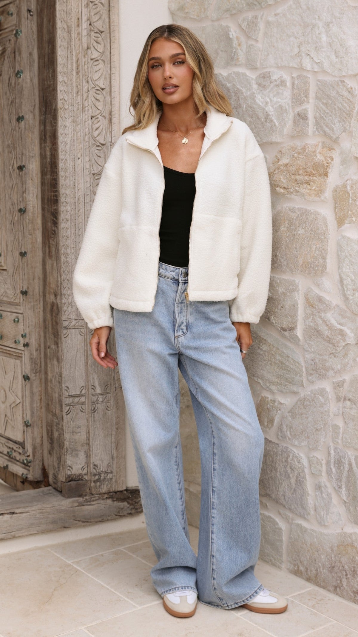 Maisie High Neck Zip-Up Teddy Jacket with Toggle Hem – Cream – view 4
