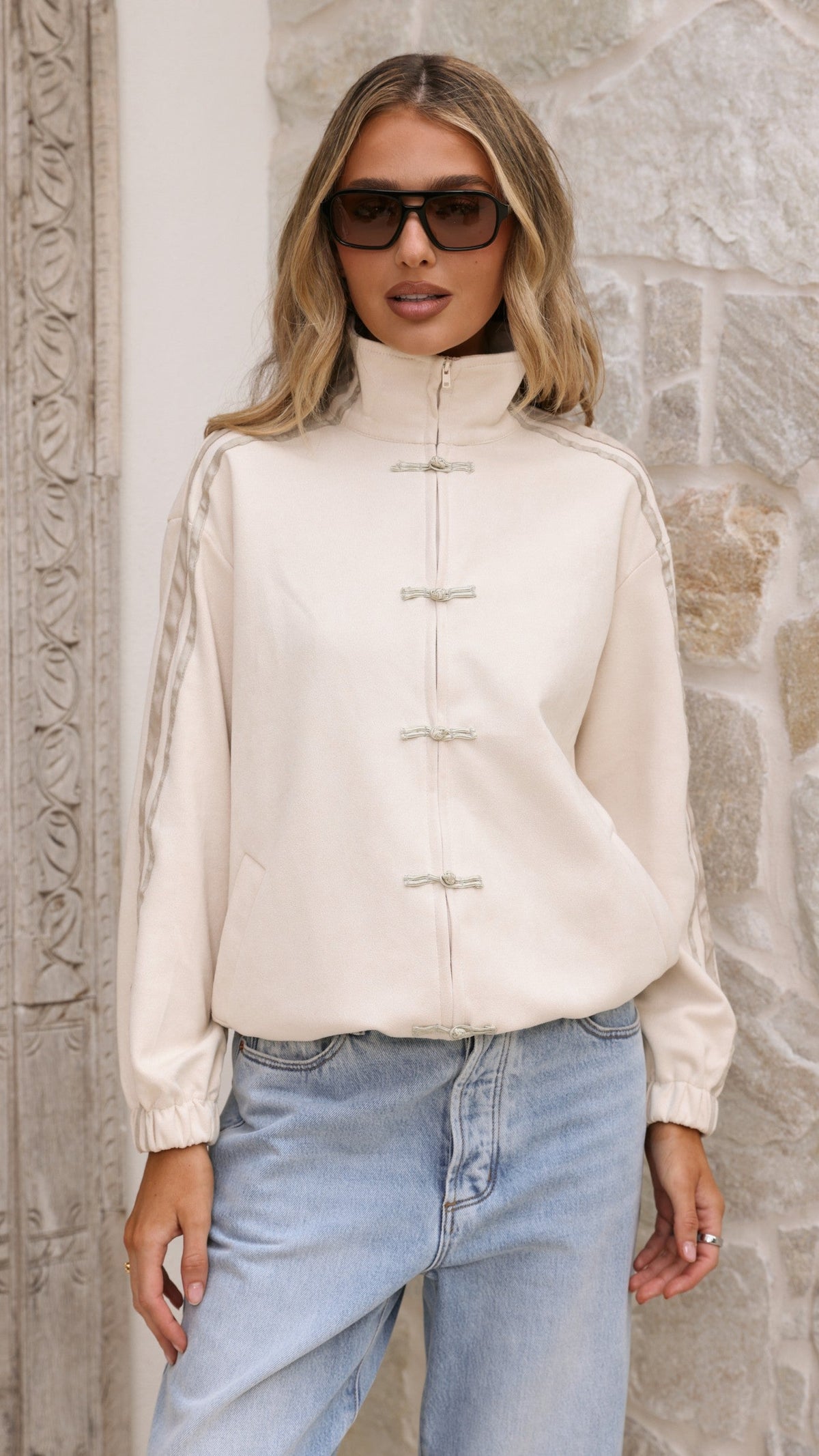 Lian Mandarin Collar Toggle Track Jacket with Racer Stripes – Beige – view 7