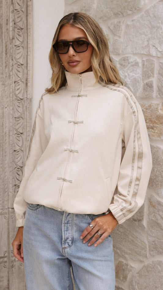 Lian Mandarin Collar Toggle Track Jacket with Racer Stripes – Beige