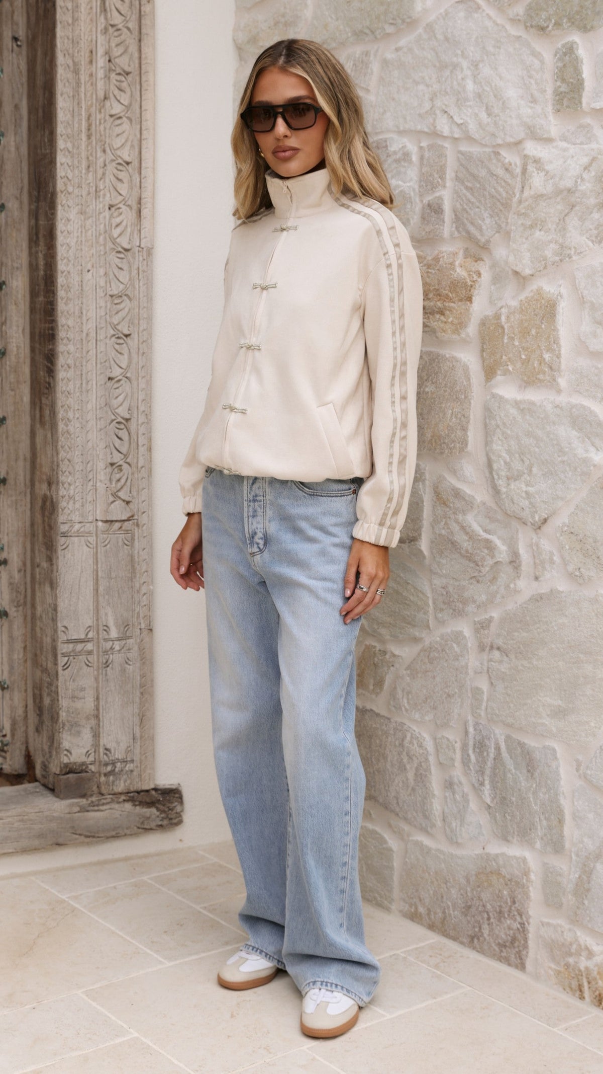 Lian Mandarin Collar Toggle Track Jacket with Racer Stripes – Beige – view 3