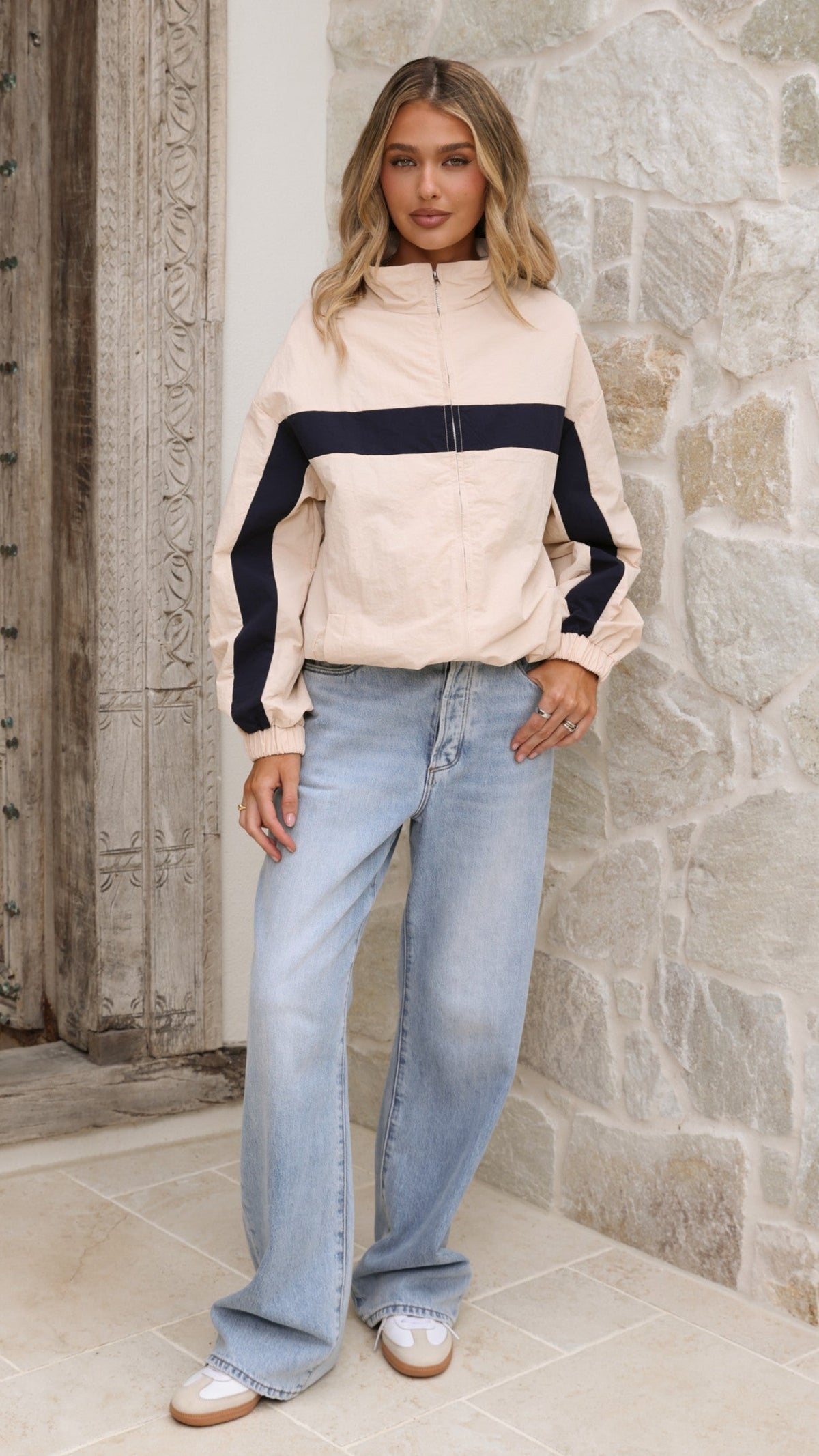 Ariella Funnel Neck Zip-Up Jacket with Toggle Hem – Beige/Navy
