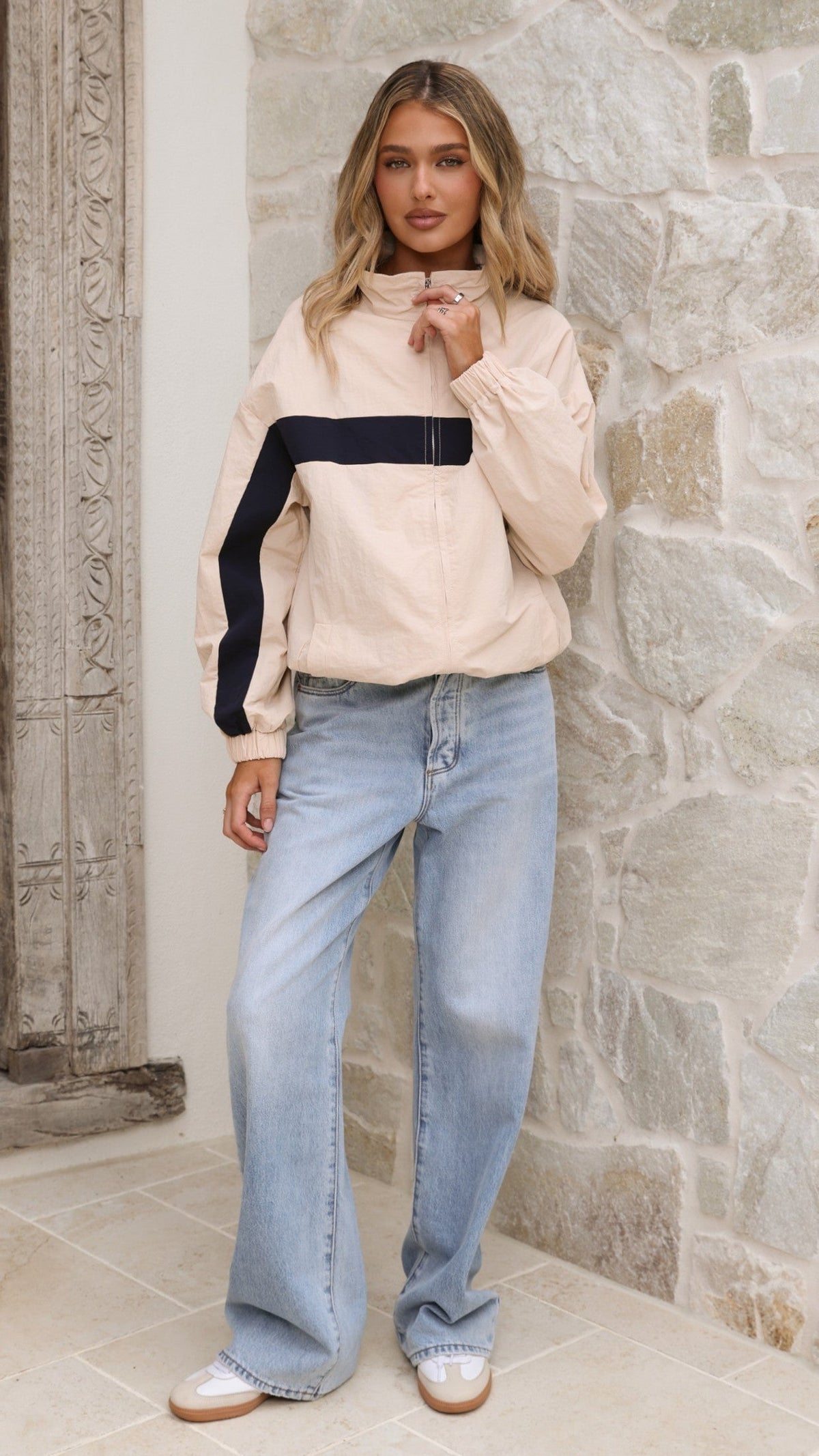 Ariella Funnel Neck Zip-Up Jacket with Toggle Hem – Beige/Navy – view 6