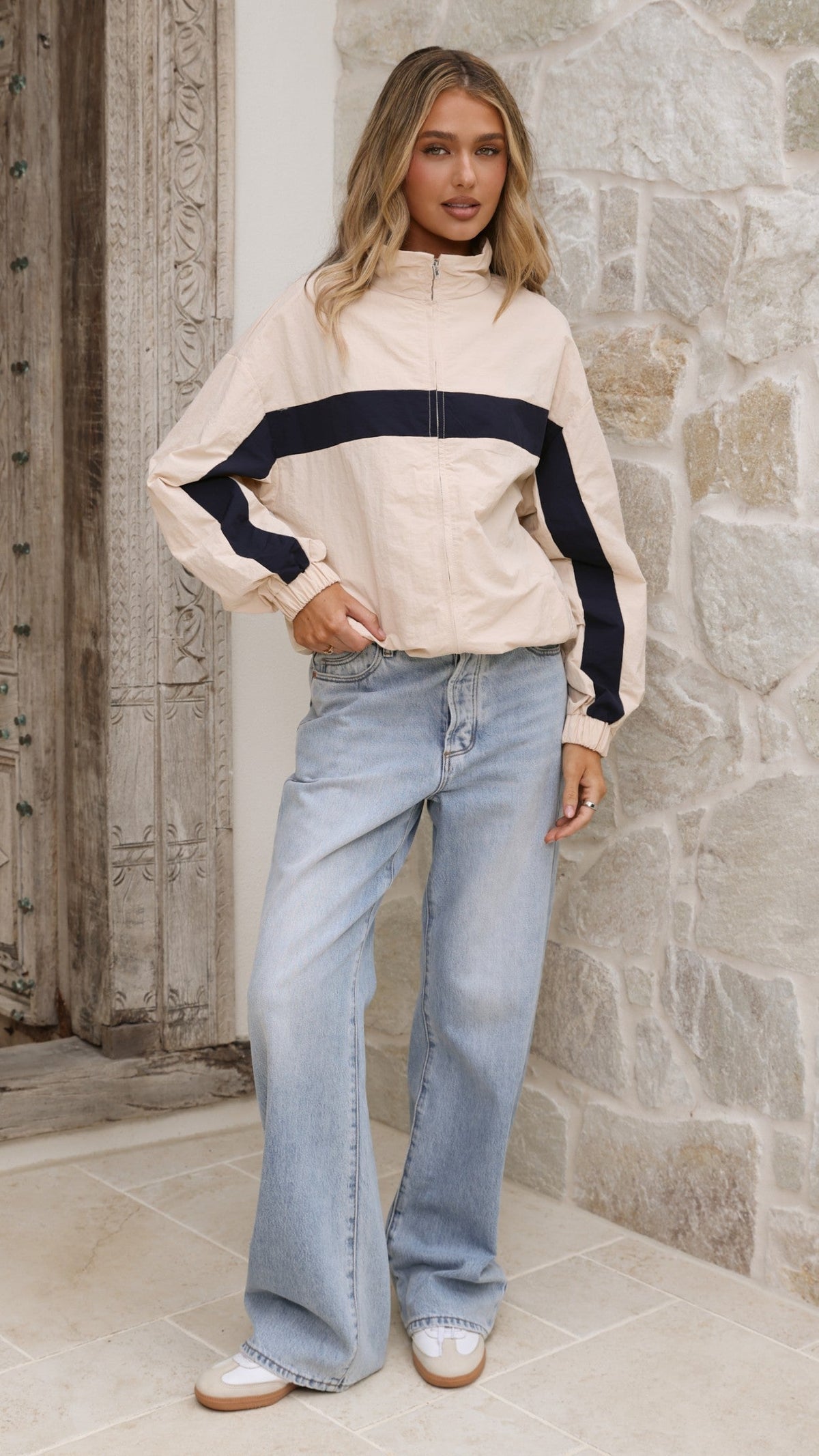 Ariella Funnel Neck Zip-Up Jacket with Toggle Hem – Beige/Navy – view 7