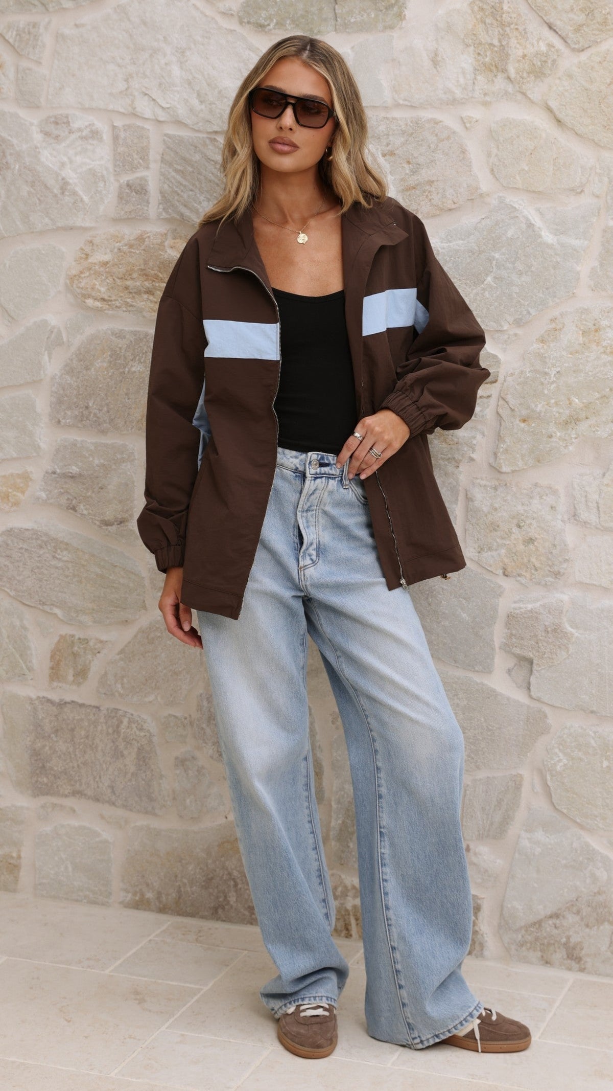 Ariella Funnel Neck Zip-Up Jacket with Toggle Hem – Chocolate/Blue – view 5