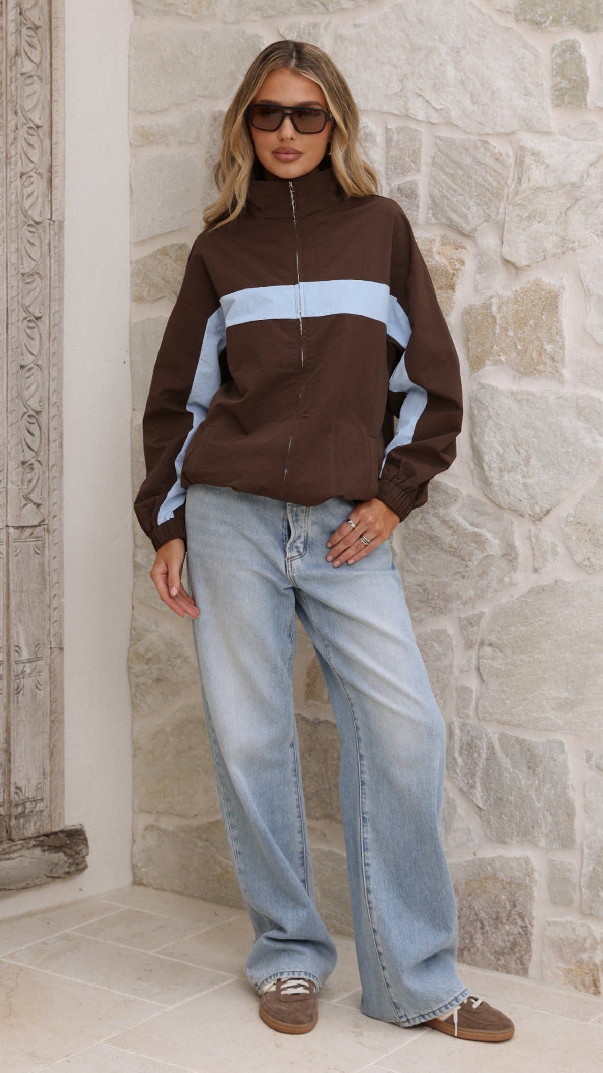 Ariella Funnel Neck Zip-Up Jacket with Toggle Hem – Chocolate/Blue – view 1