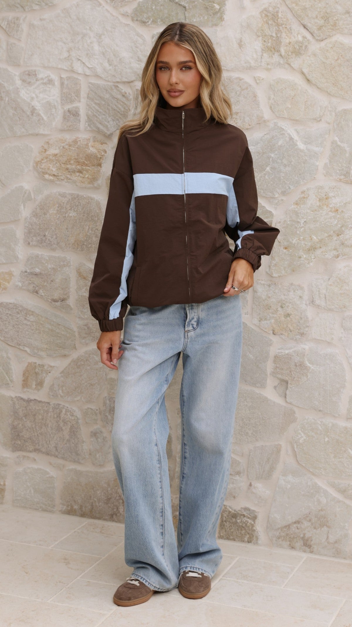 Ariella Funnel Neck Zip-Up Jacket with Toggle Hem – Chocolate/Blue – view 6