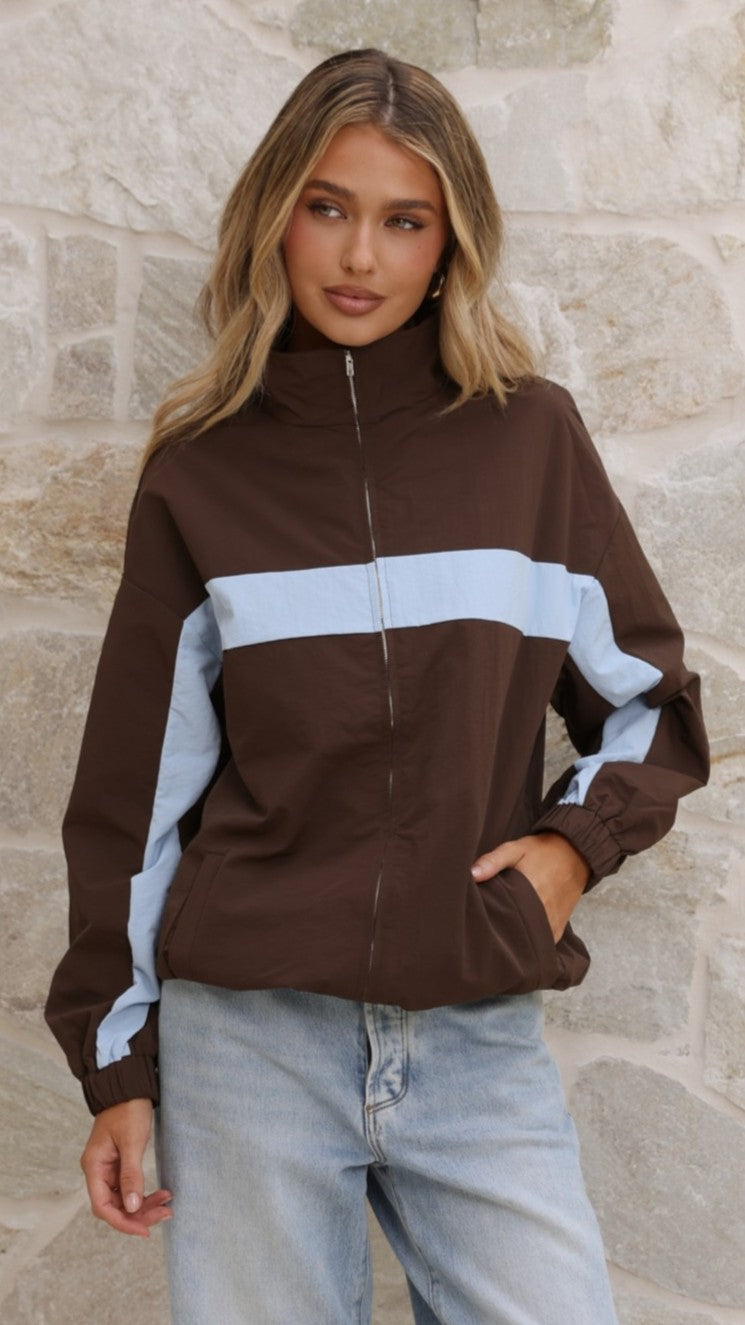 Ariella Funnel Neck Zip-Up Jacket with Toggle Hem – Chocolate/Blue – view 7