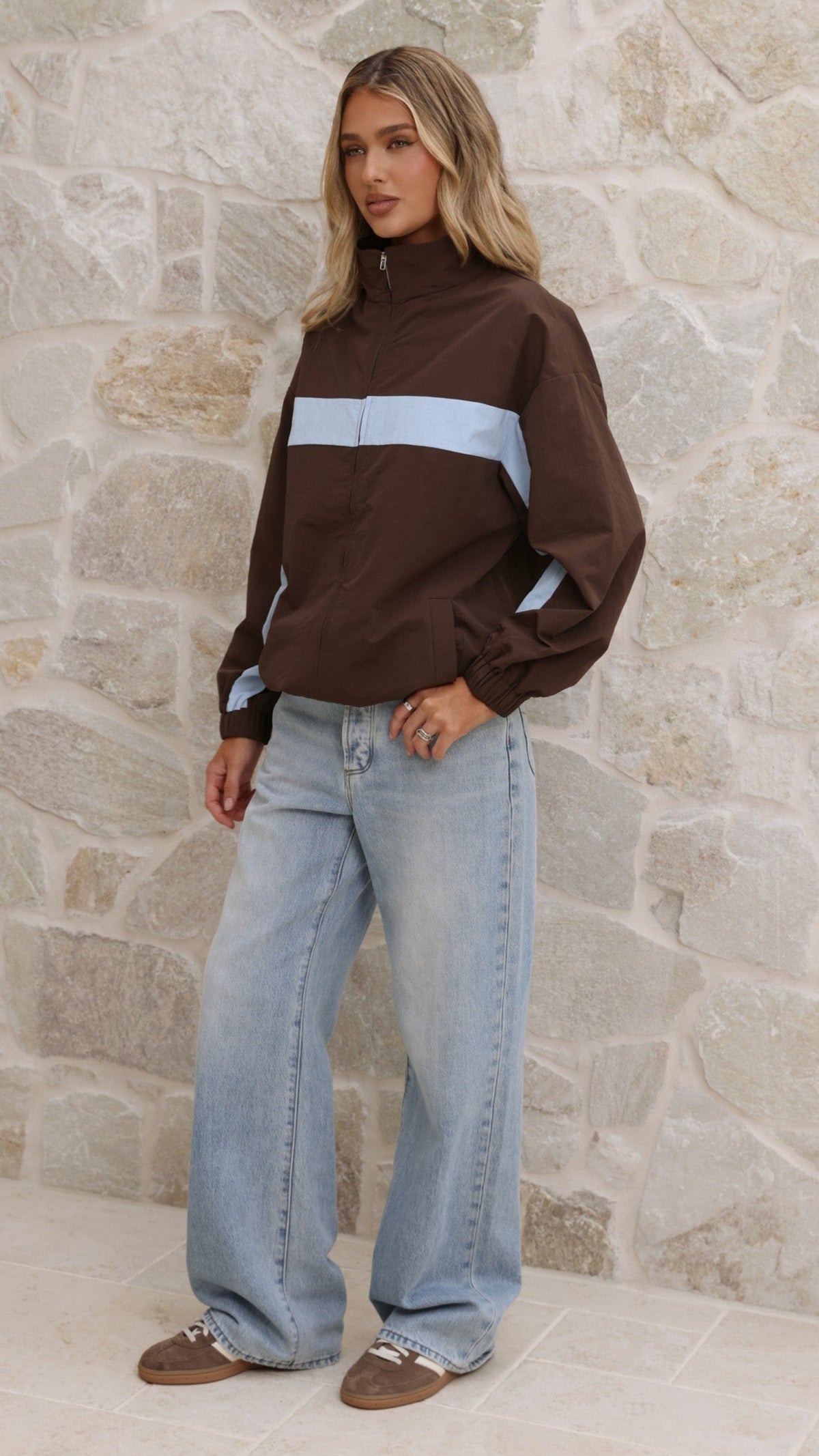 Ariella Funnel Neck Zip-Up Jacket with Toggle Hem – Chocolate/Blue – view 3