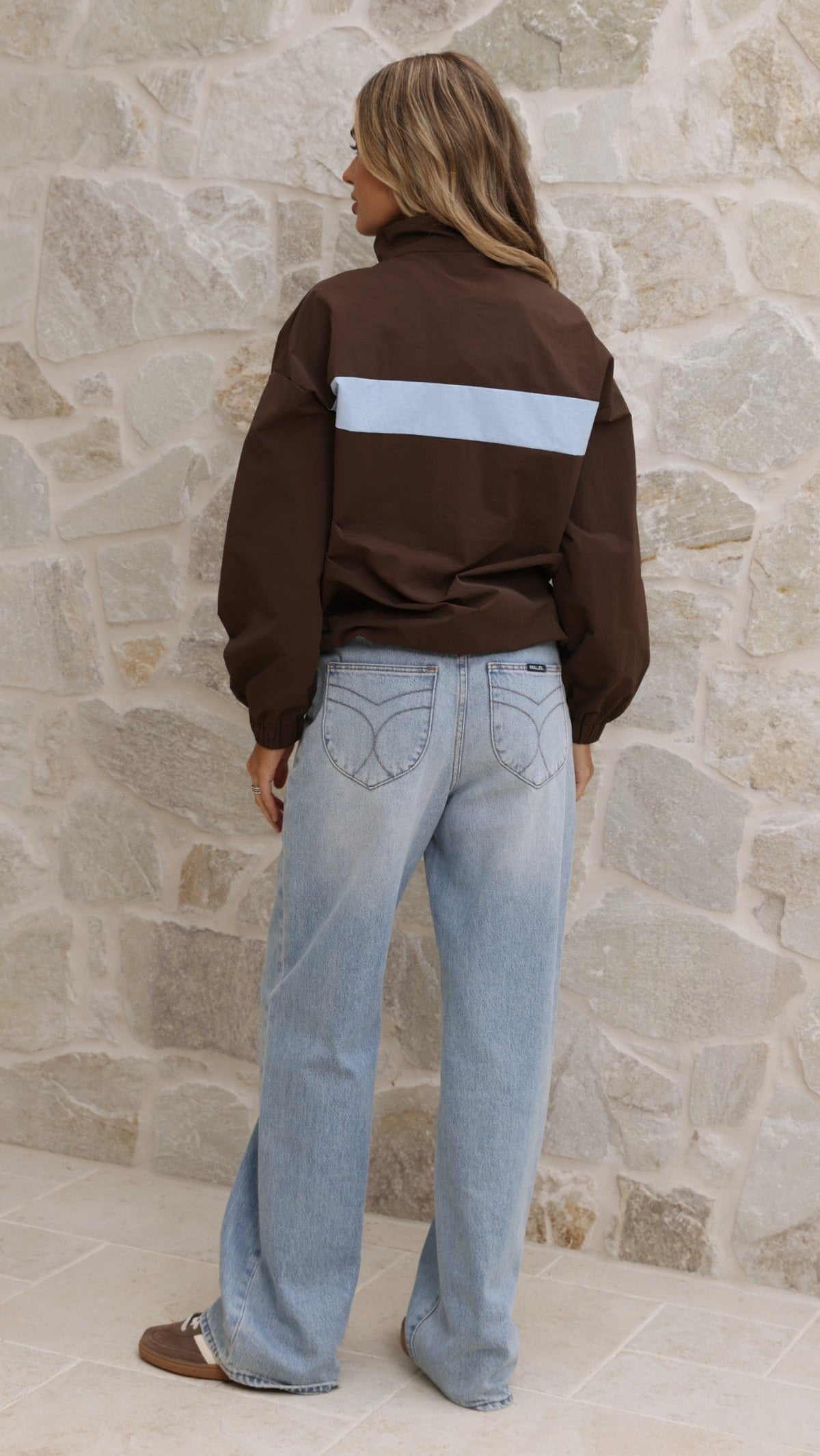 Ariella Funnel Neck Zip-Up Jacket with Toggle Hem – Chocolate/Blue – view 2