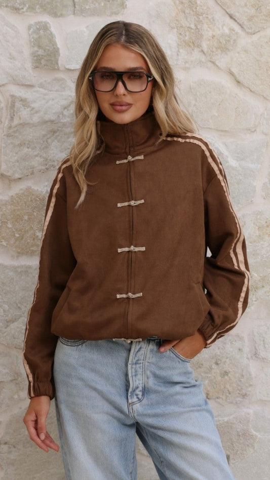 Lian Mandarin Collar Toggle Track Jacket with Racer Stripes – Chocolate