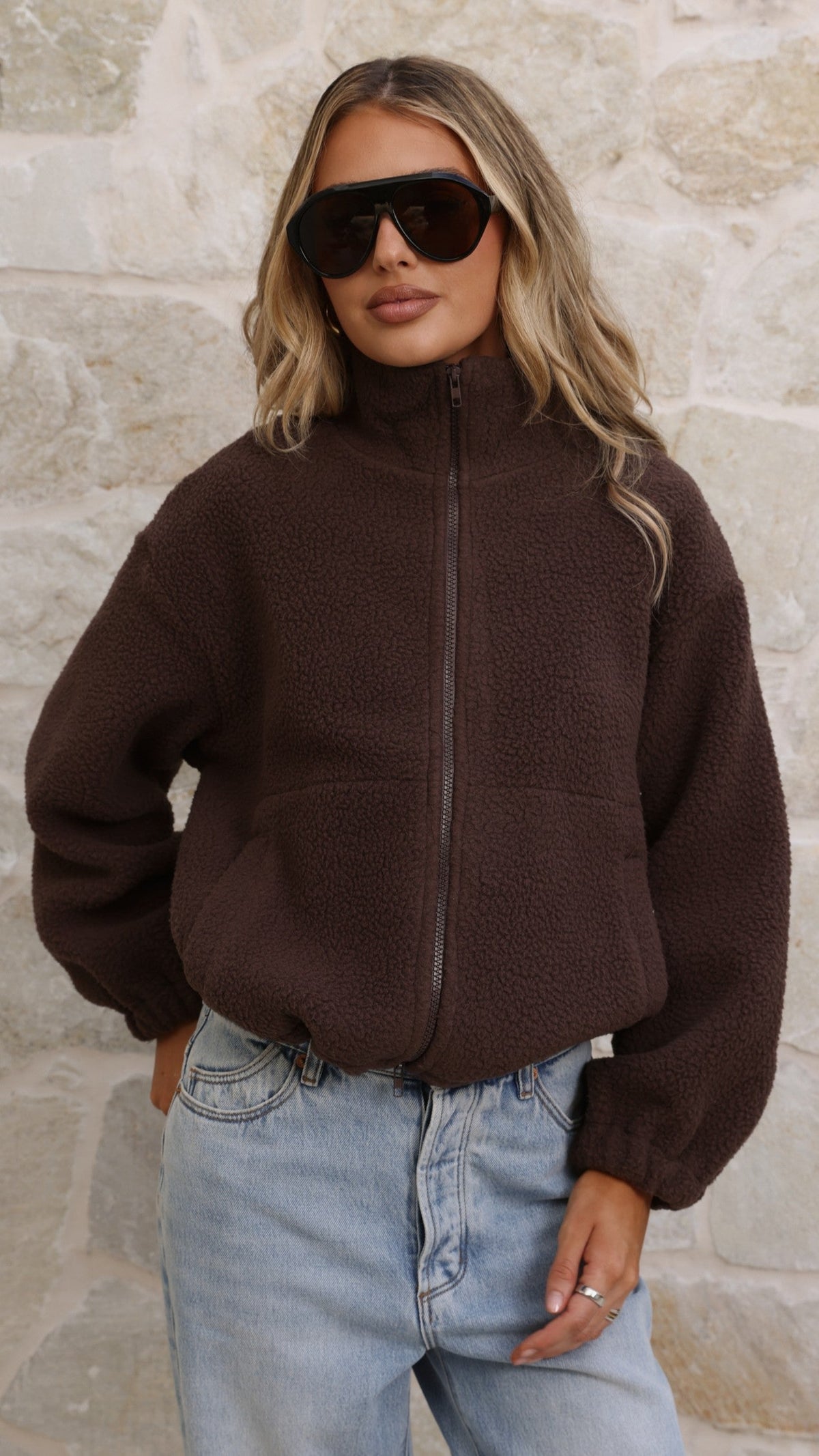 Maisie High Neck Zip-Up Teddy Jacket with Toggle Hem – Chocolate