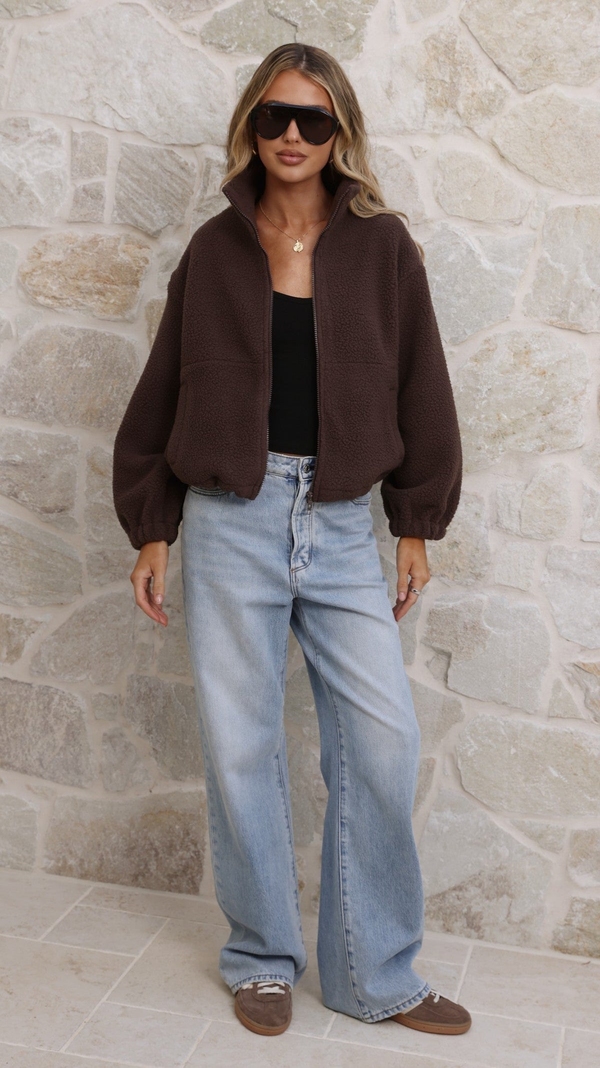 Maisie High Neck Zip-Up Teddy Jacket with Toggle Hem – Chocolate – view 4