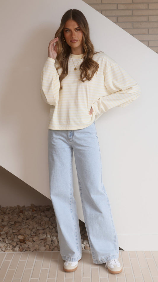 Solana Long Sleeve Contrast Rib Crew Neck Top – Yellow Stripe
