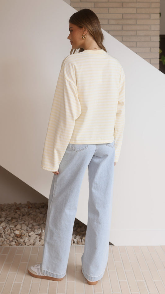 Solana Long Sleeve Contrast Rib Crew Neck Top – Yellow Stripe – view 2