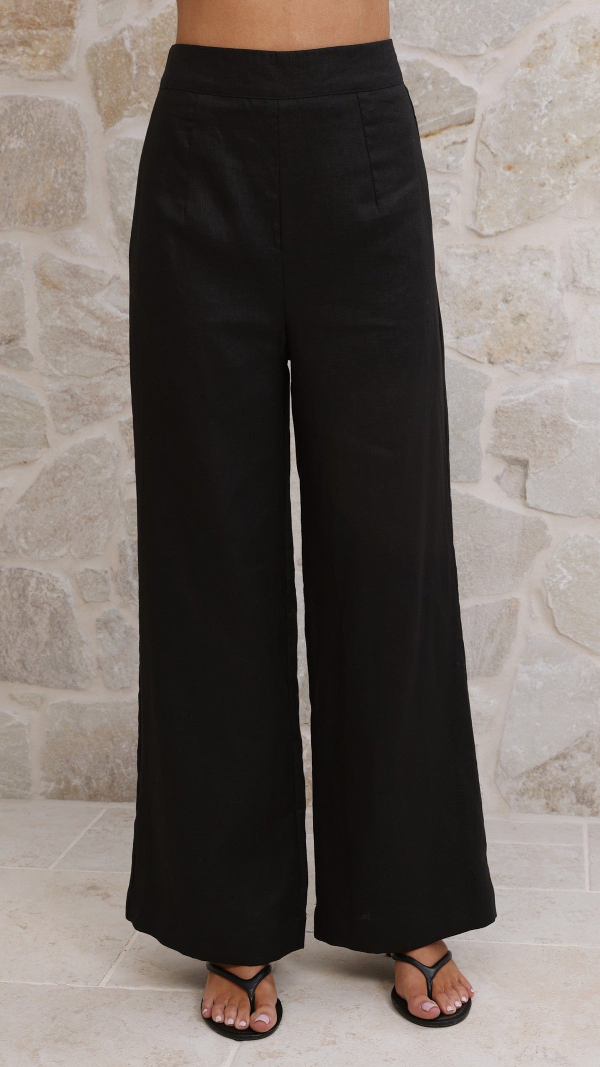 Jaylani High Waisted Wide Leg Lined Linen Trousers – Black – view 5