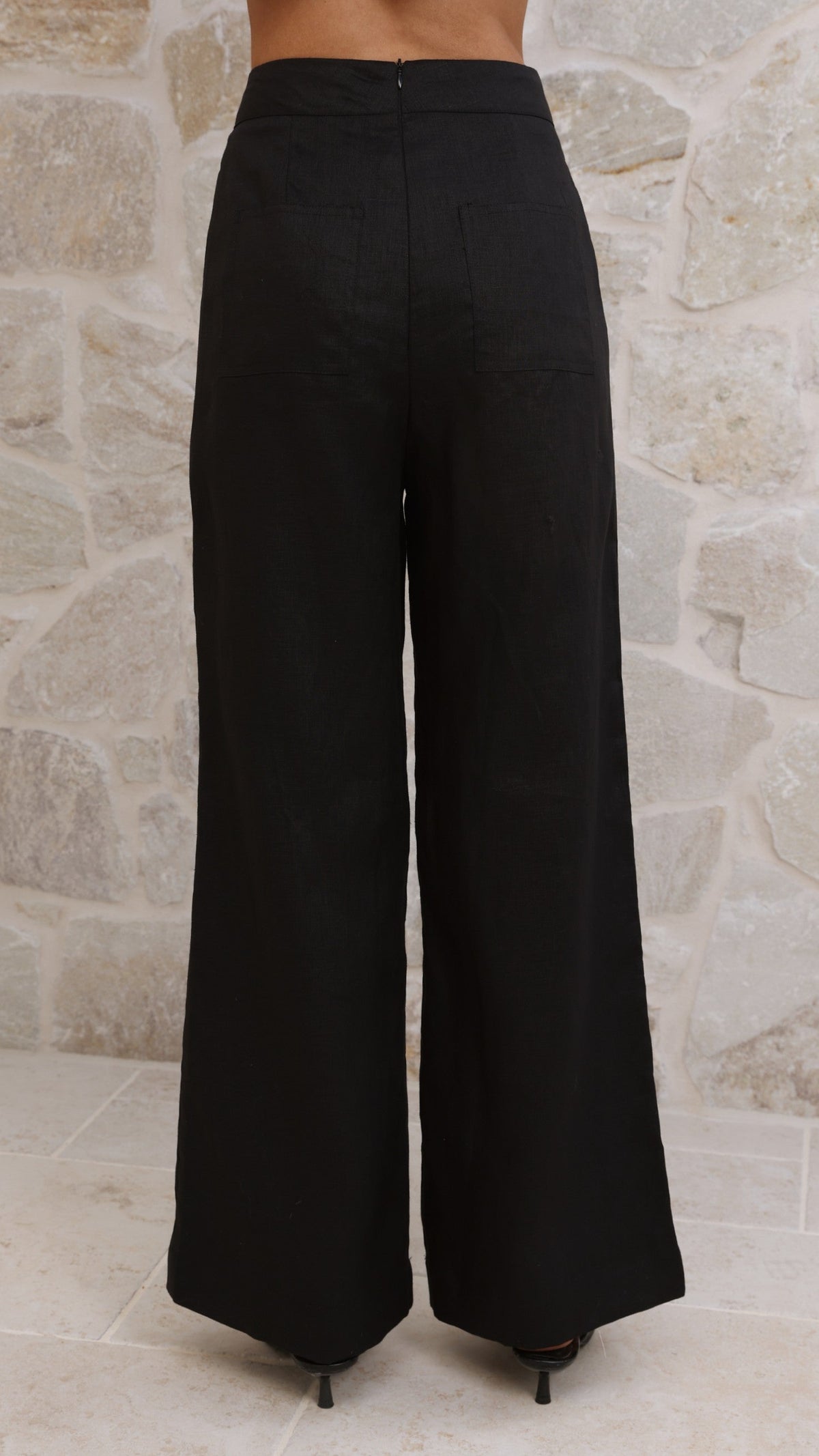 Jaylani High Waisted Wide Leg Lined Linen Trousers – Black – view 8