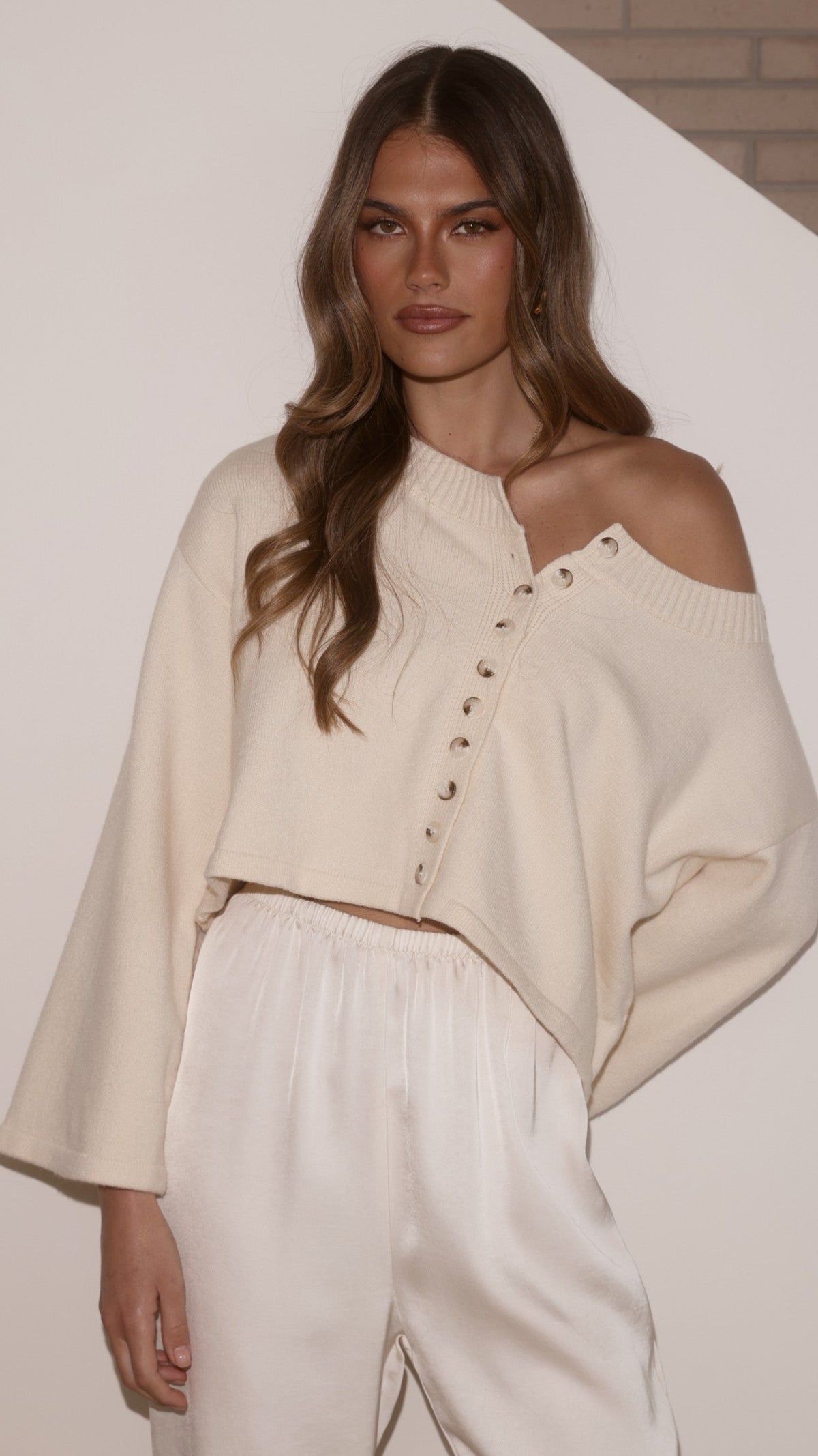 Isako Boxy Button-Up Wide Sleeve Knit Top – Cream