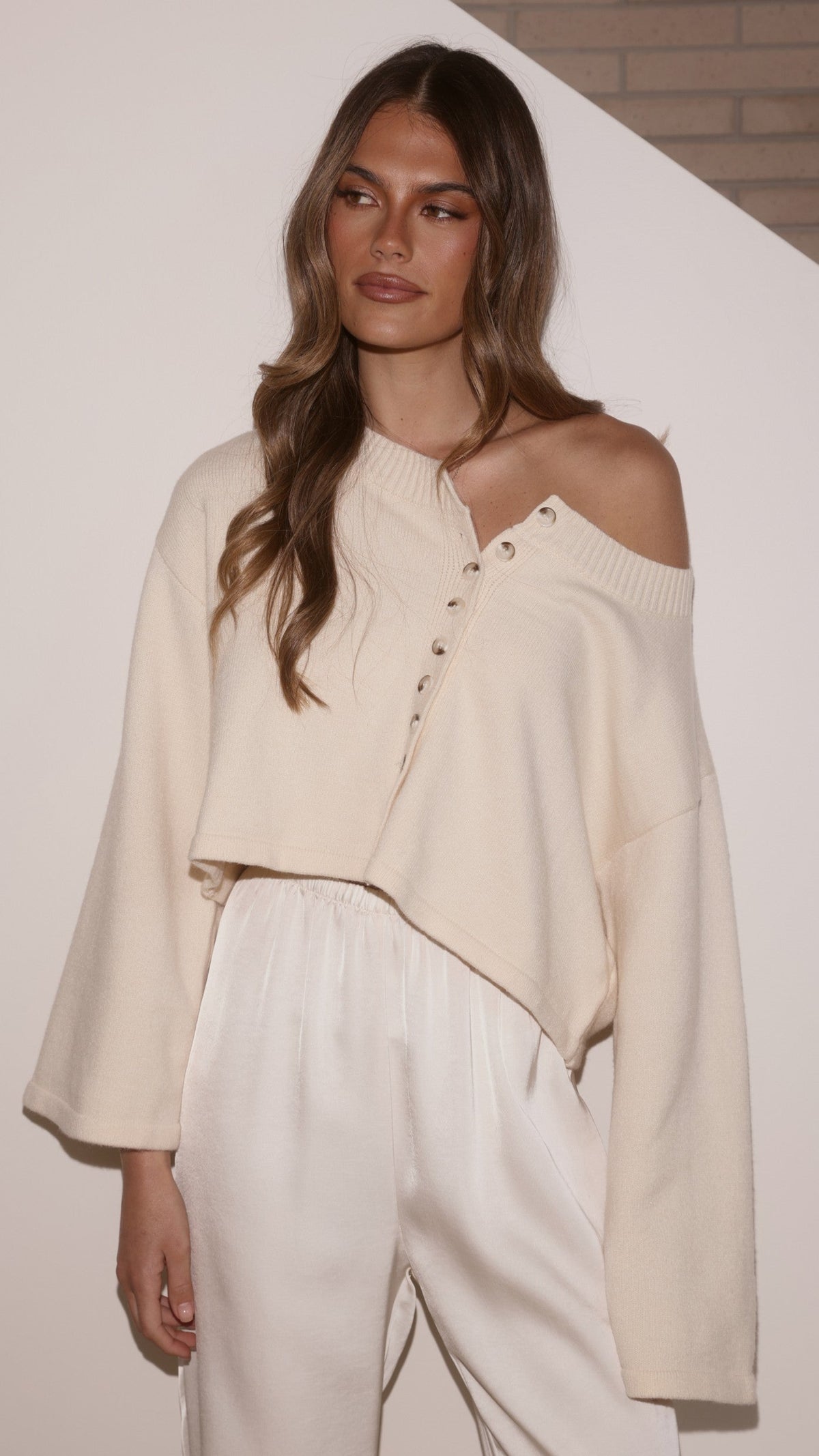 Isako Boxy Button-Up Wide Sleeve Knit Top – Cream – view 8