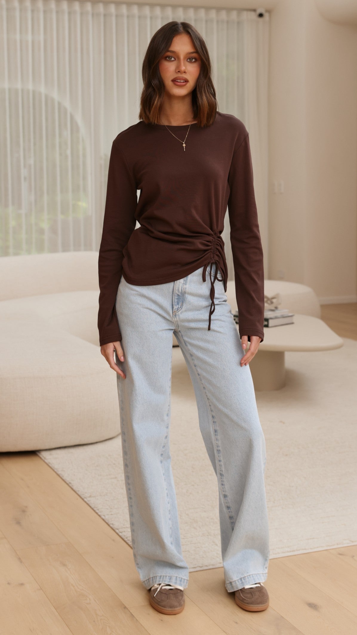 Lydia Adjustable Ruched Crew Neck Long Sleeve Top – Chocolate – view 6