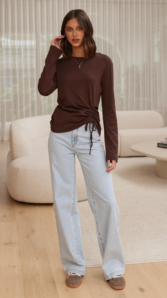 Lydia Adjustable Ruched Crew Neck Long Sleeve Top – Chocolate