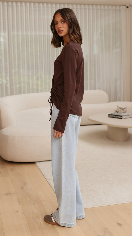 Lydia Adjustable Ruched Crew Neck Long Sleeve Top – Chocolate