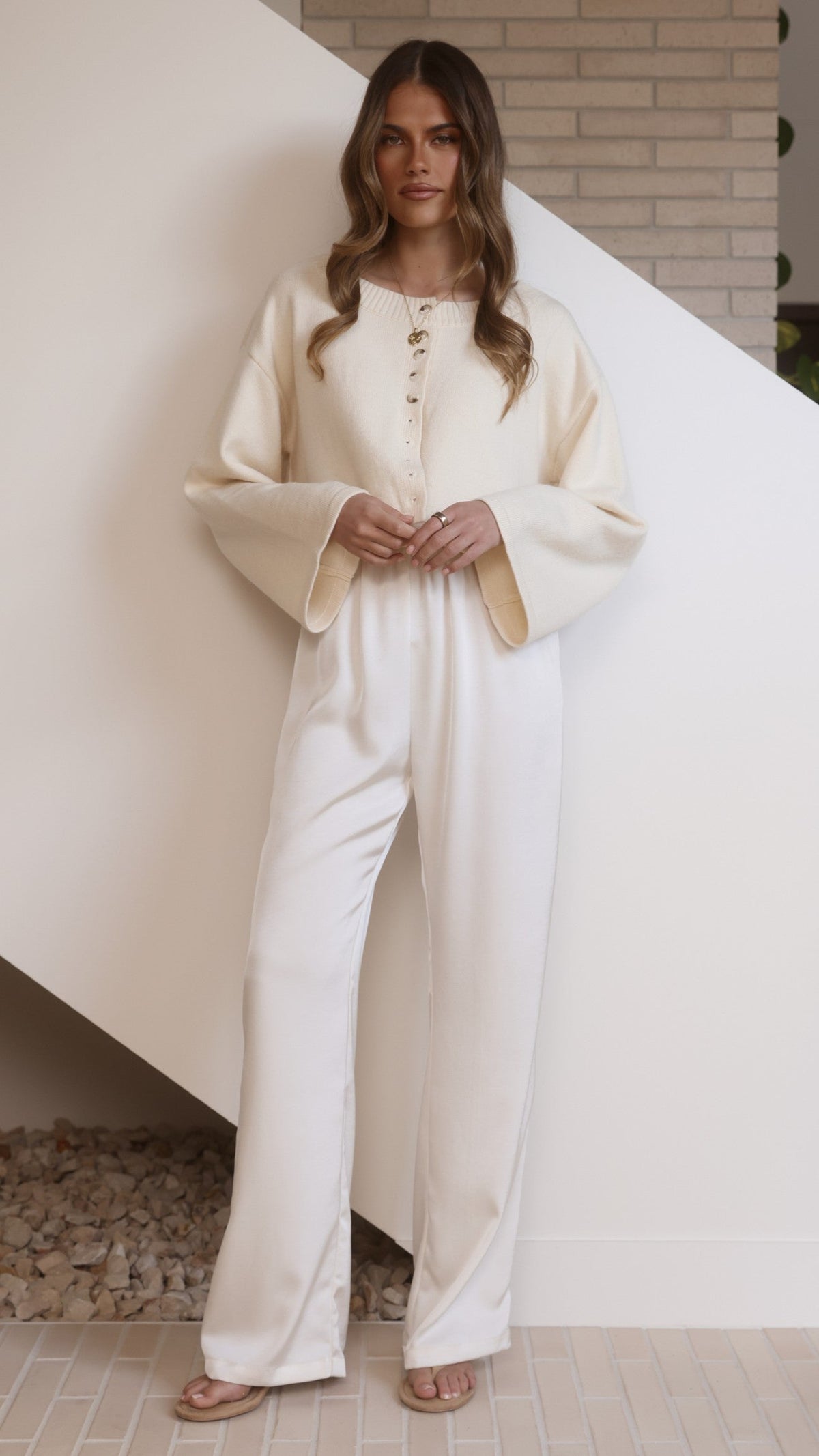 Isako Boxy Button-Up Wide Sleeve Knit Top – Cream – view 6