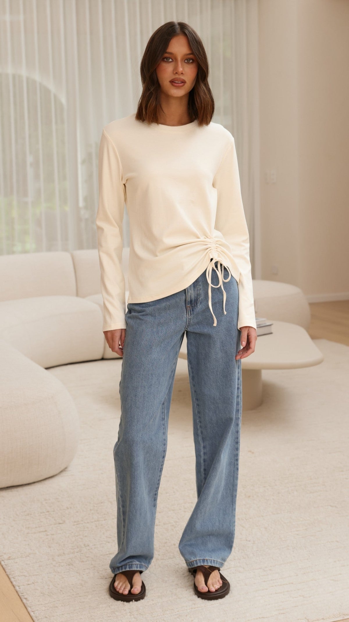 Lydia Long Sleeve Ruched Side Top with Ribbed Neck – Cream