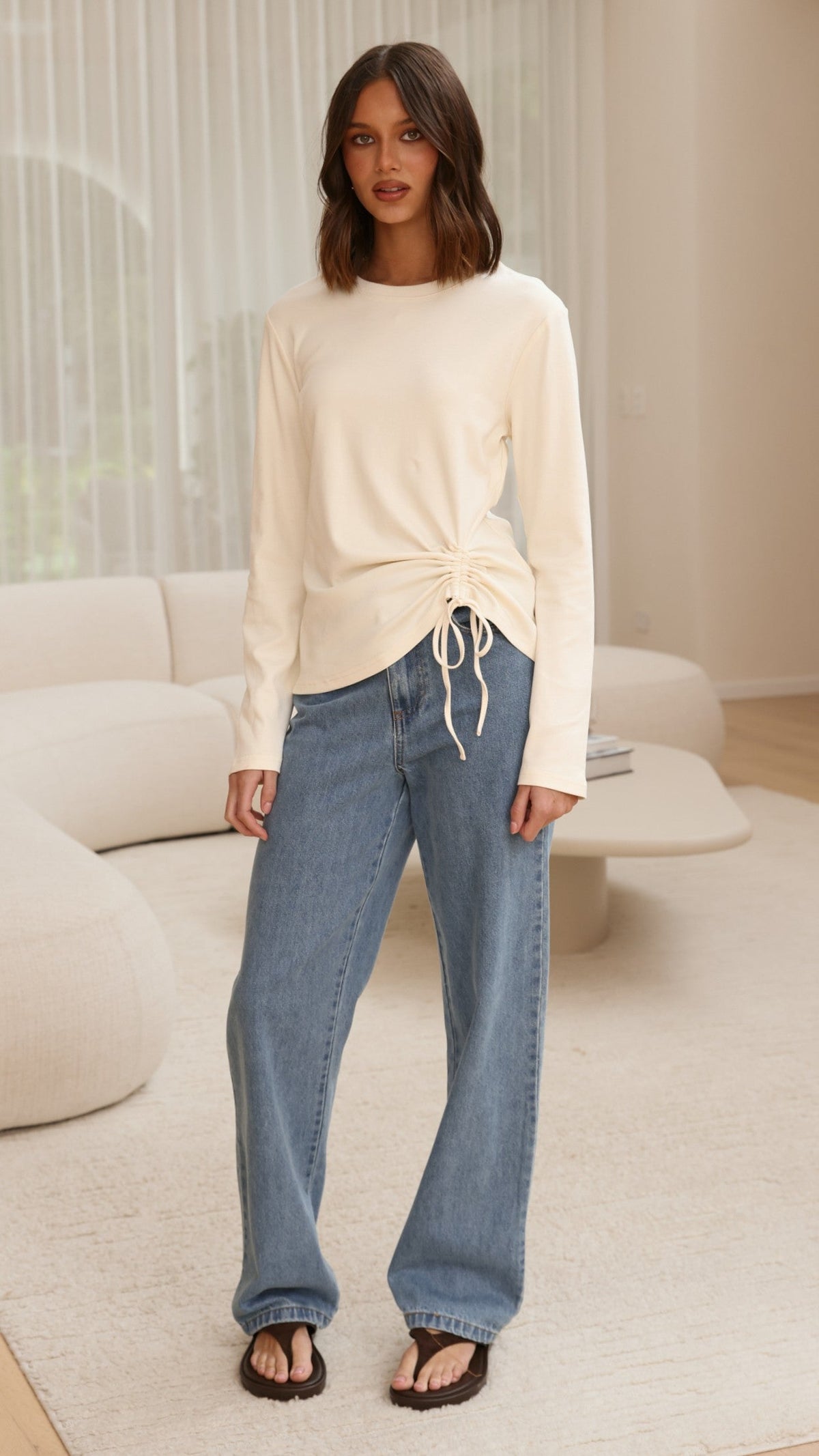 Lydia Long Sleeve Ruched Side Top with Ribbed Neck – Cream