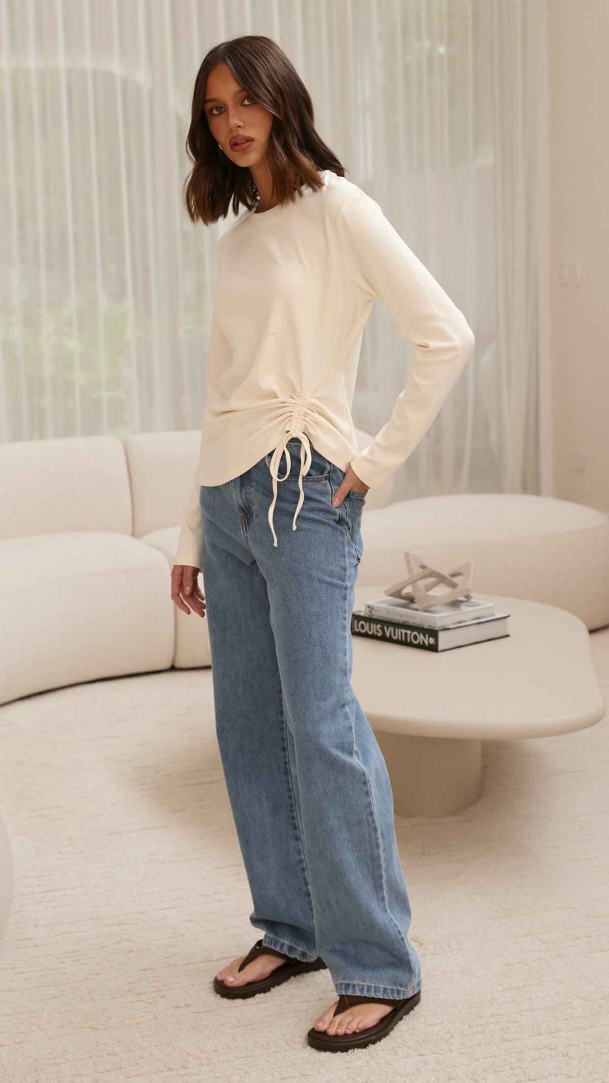 Lydia Long Sleeve Ruched Side Top with Ribbed Neck – Cream – view 4