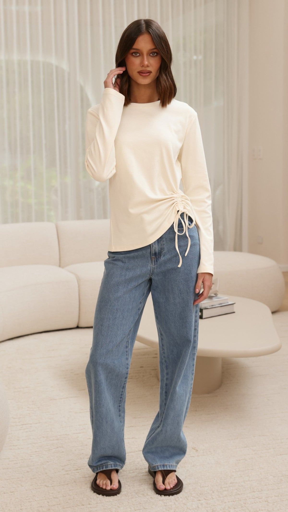Lydia Long Sleeve Ruched Side Top with Ribbed Neck – Cream