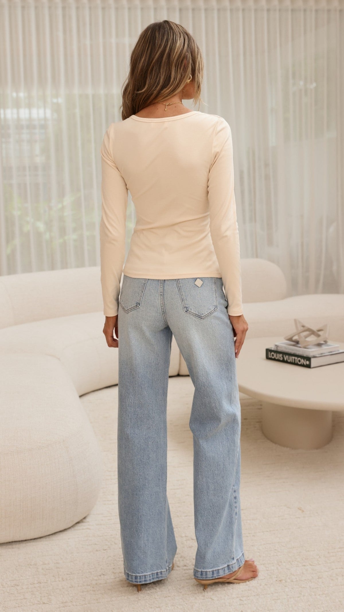 Addison Crew Neck Asymmetric Button Front Long Sleeve Top – Cream – view 2