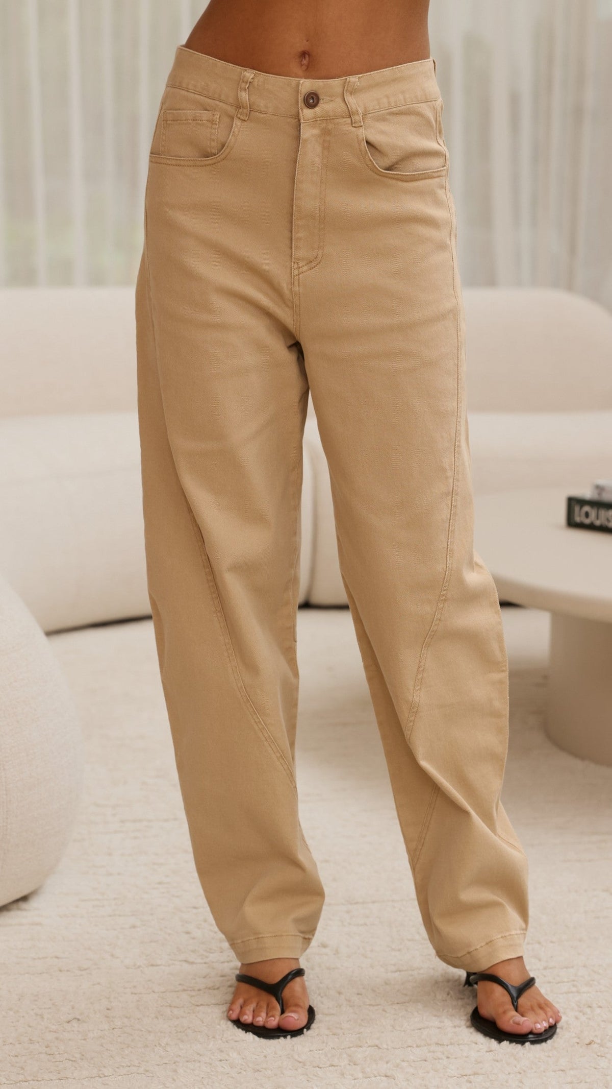 Delfina High Waisted Barrel Leg Cotton Jeans – Tan – view 5