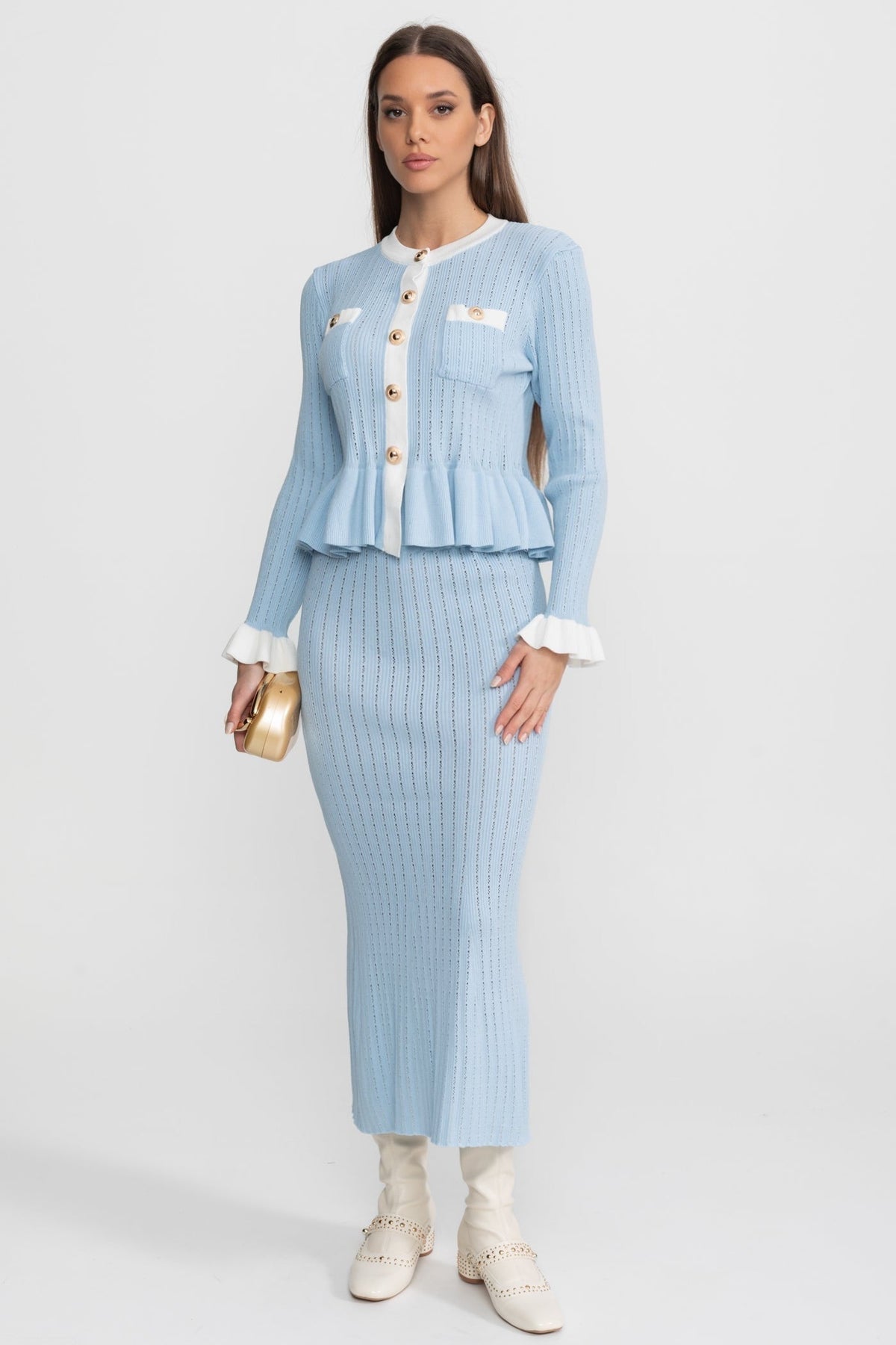 Pointelle Knit Peplum Top and Midi Skirt Set with Contrast Trim – Baby Blue – view 10