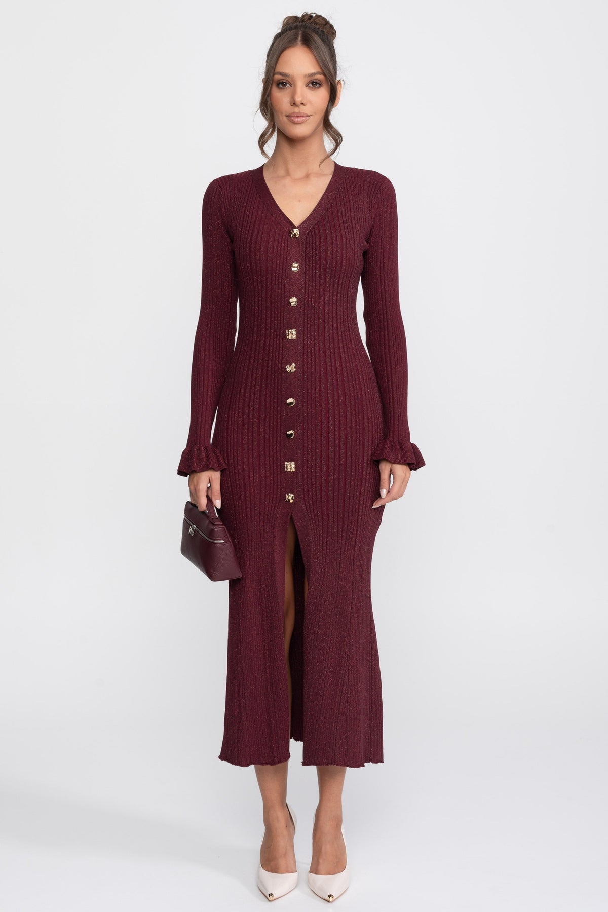 V-Neck Button-Front Ribbed Knit Maxi Dress with Ruffle Cuffs – Burgundy – view 1