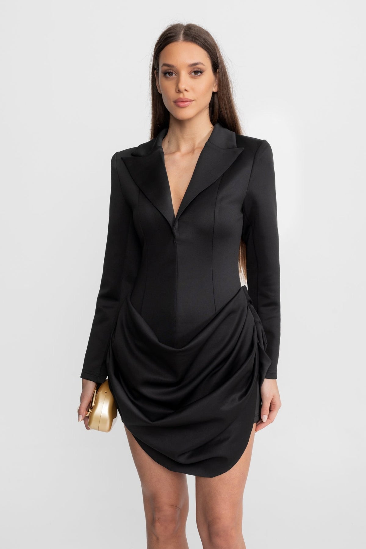 Blazer-Inspired Tailored Mini Dress with Draped Hip Detail – Black – view 3