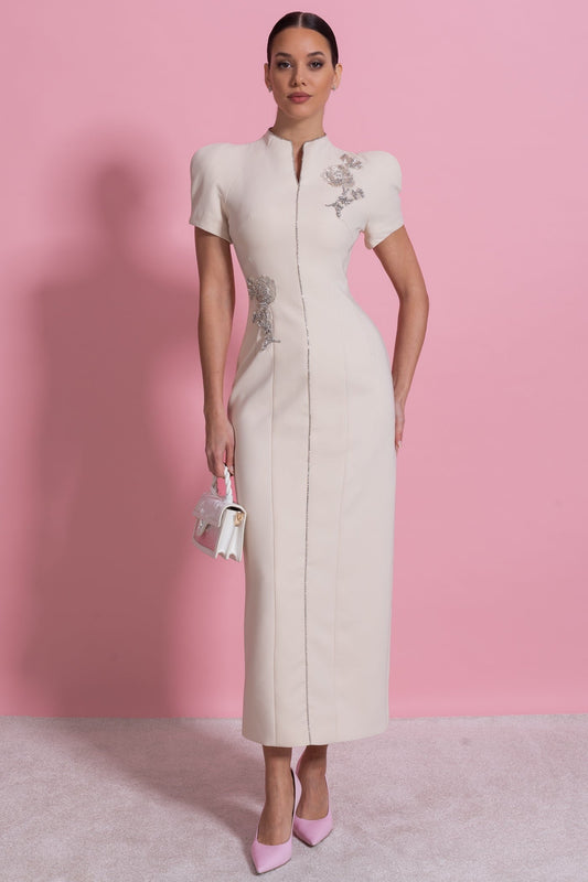 Structured Split Neck Short Sleeve Midi Dress with Crystal Trim – Ivory – view 2