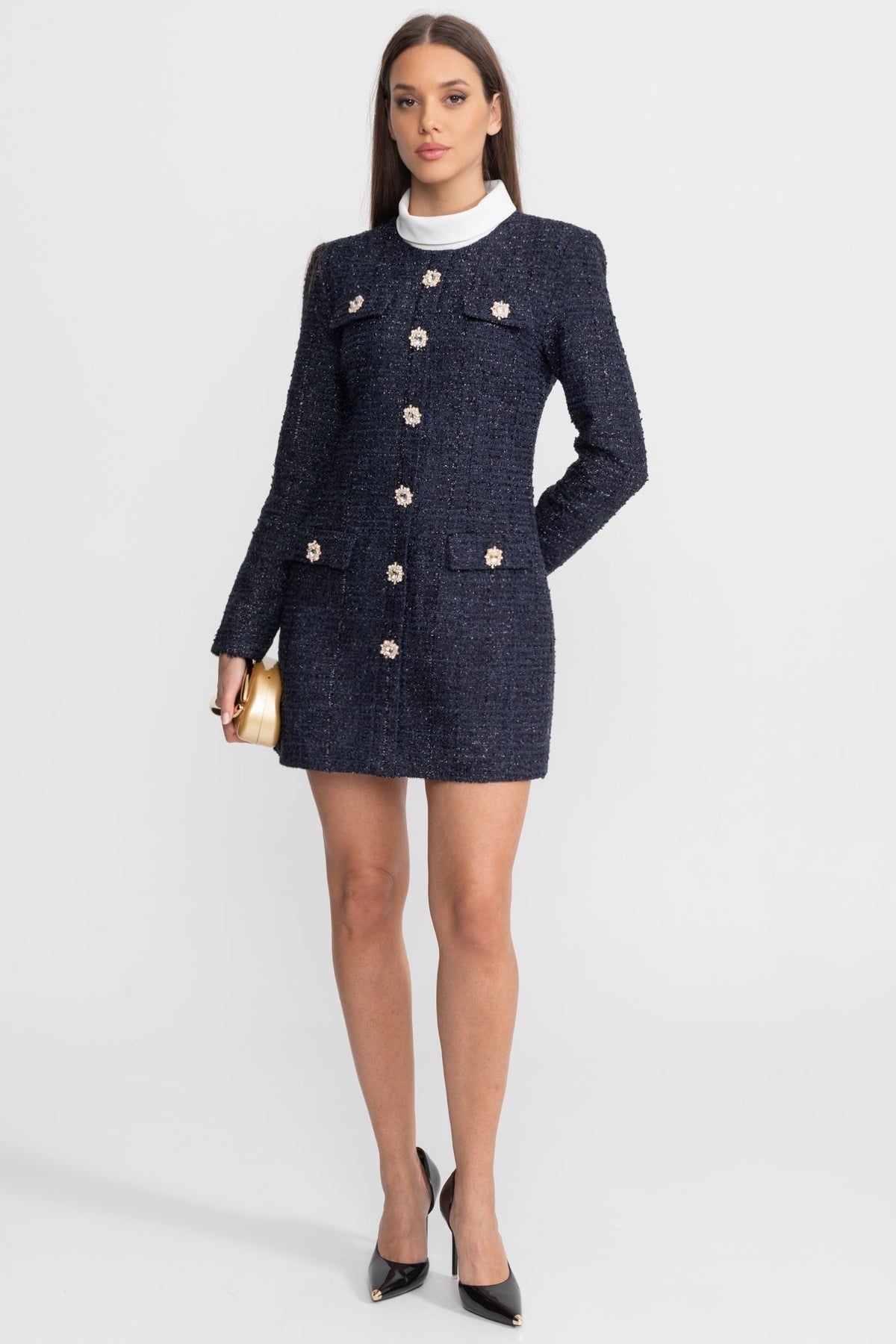 Long Sleeve Tweed Mini Dress with High Neck and Crystal Buttons – Navy – view 3
