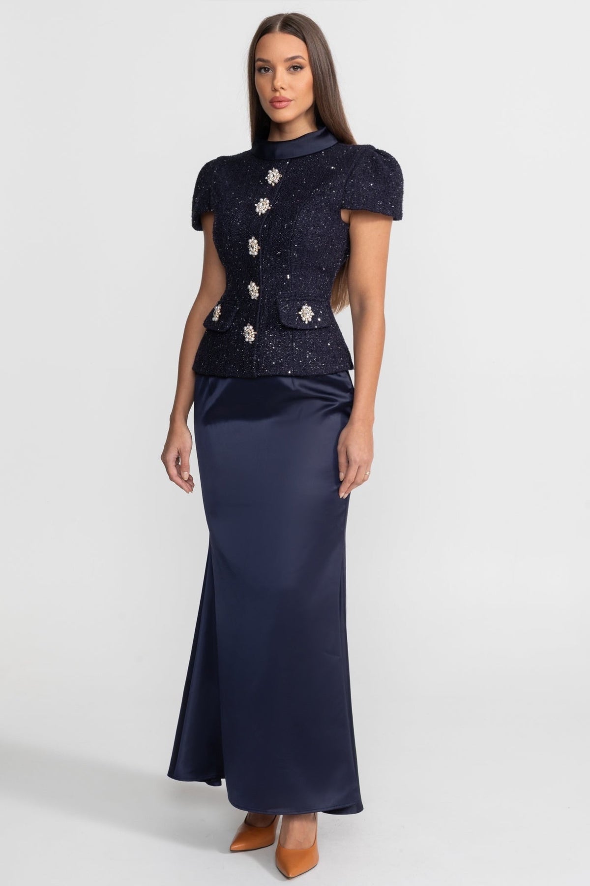 Embellished Tweed Top and Satin Maxi Skirt Co-ord Set – Navy