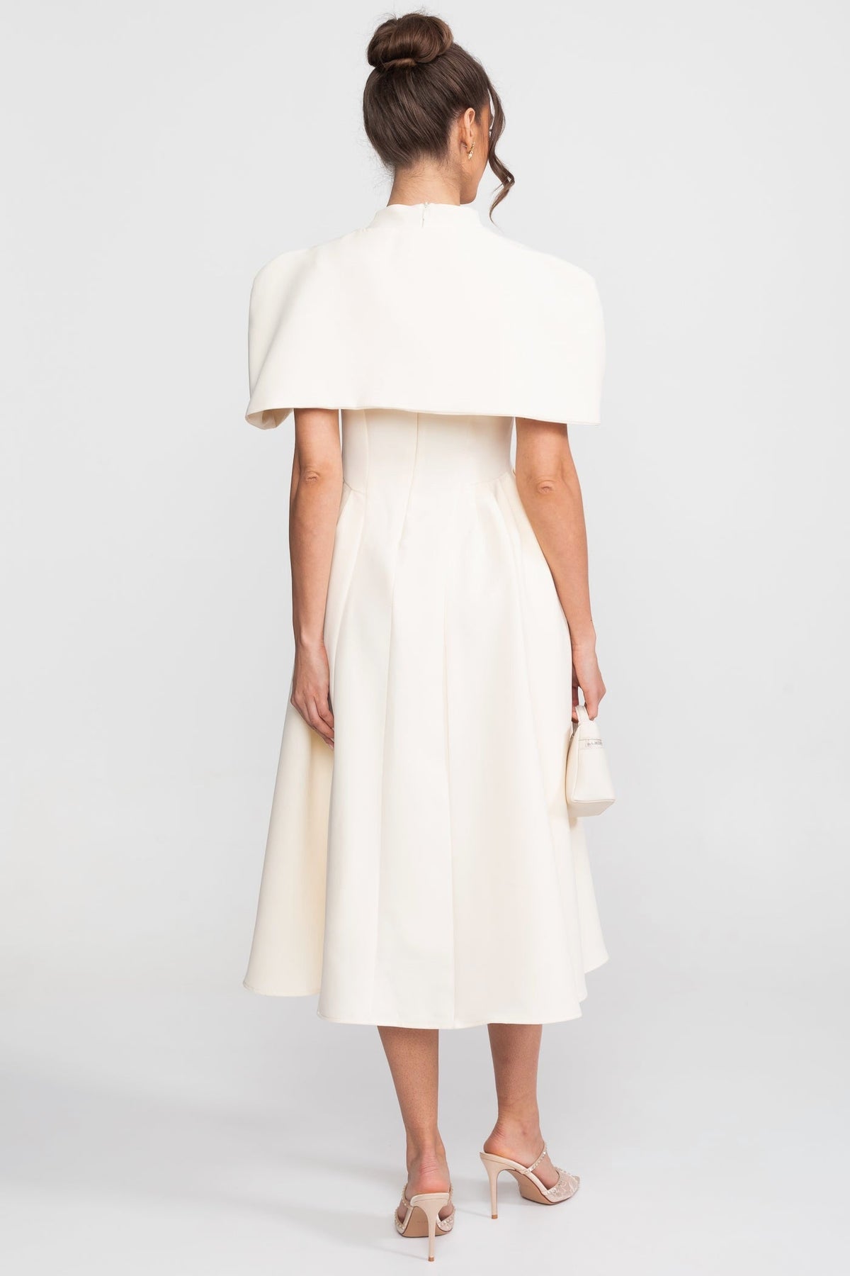 Structured Cape Shoulder V-Neck A-Line Midi Dress – Cream