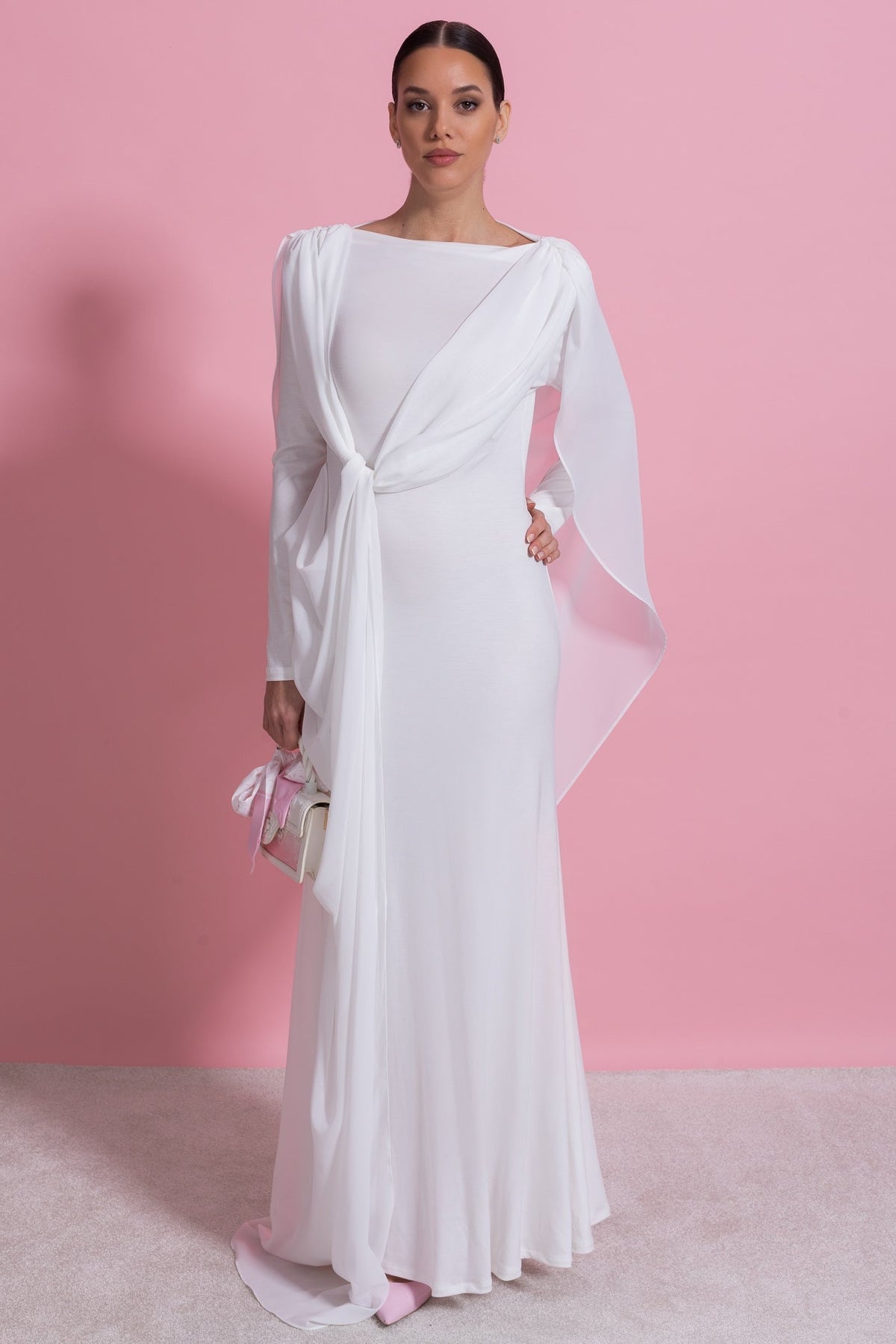 Bateau Neck Long Sleeve Jersey Maxi Dress with Cape Overlay – White – view 4