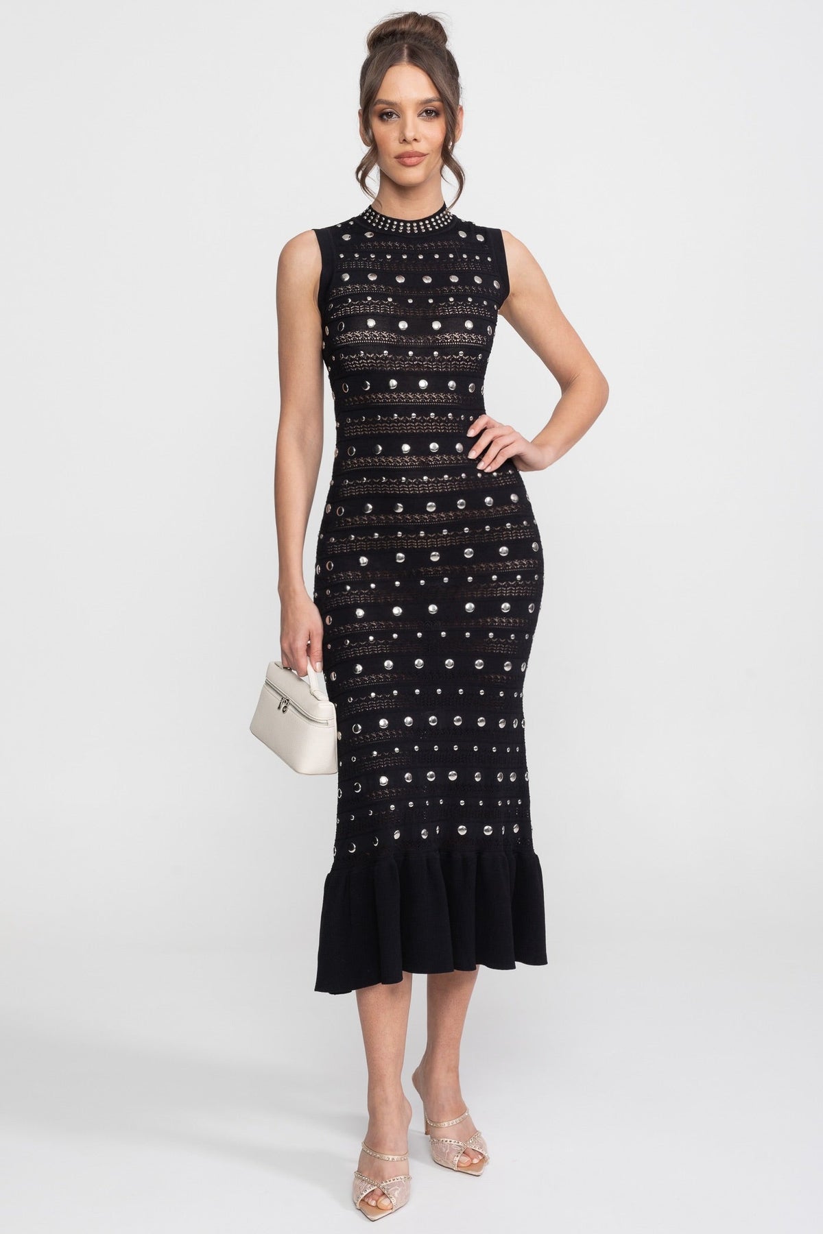 Sleeveless Mock Neck Embellished Knit Midi Dress with Ruffle Hem – Black – view 2