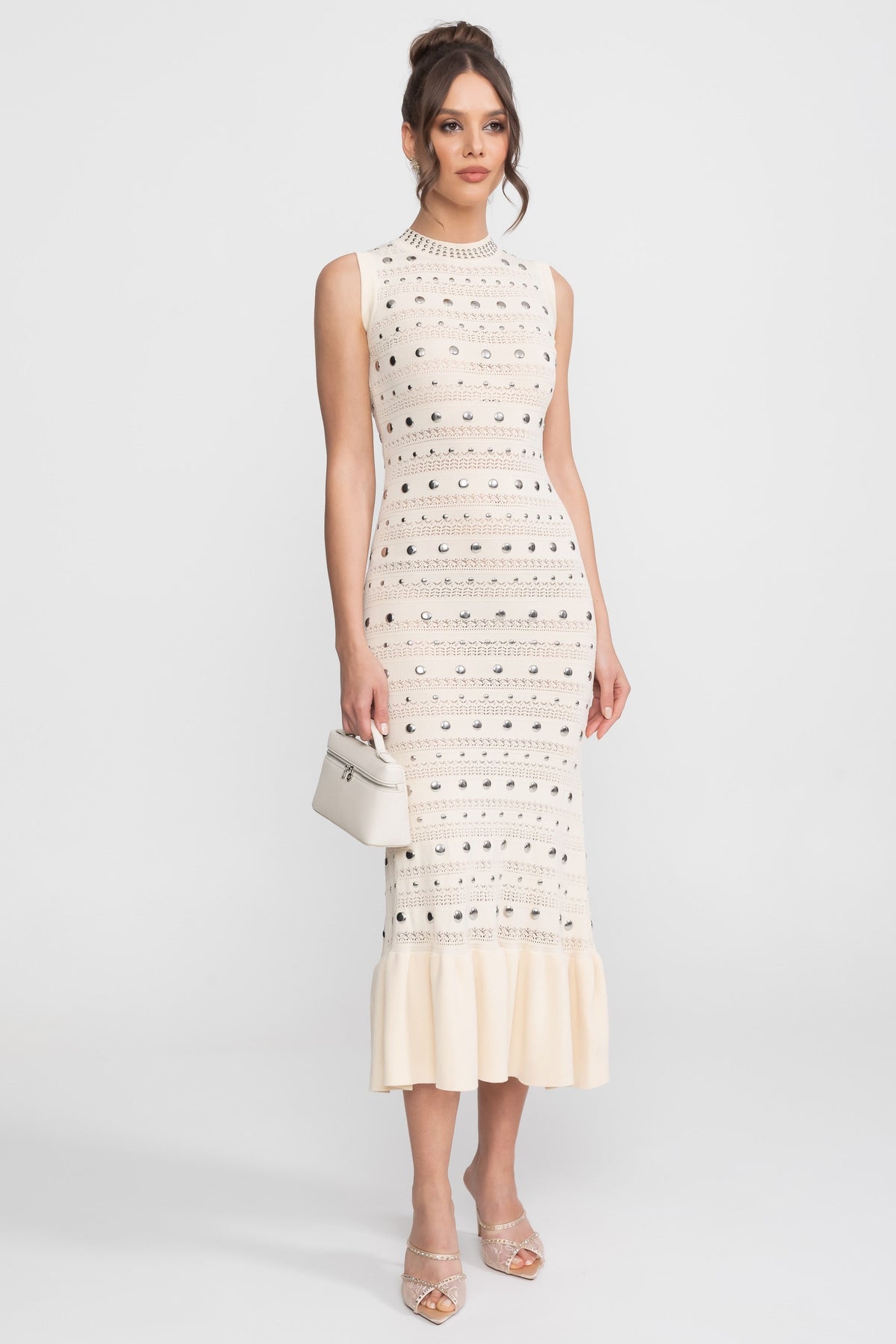 Embellished Open-Knit Mock Neck Sleeveless Midi Dress – Cream – view 5